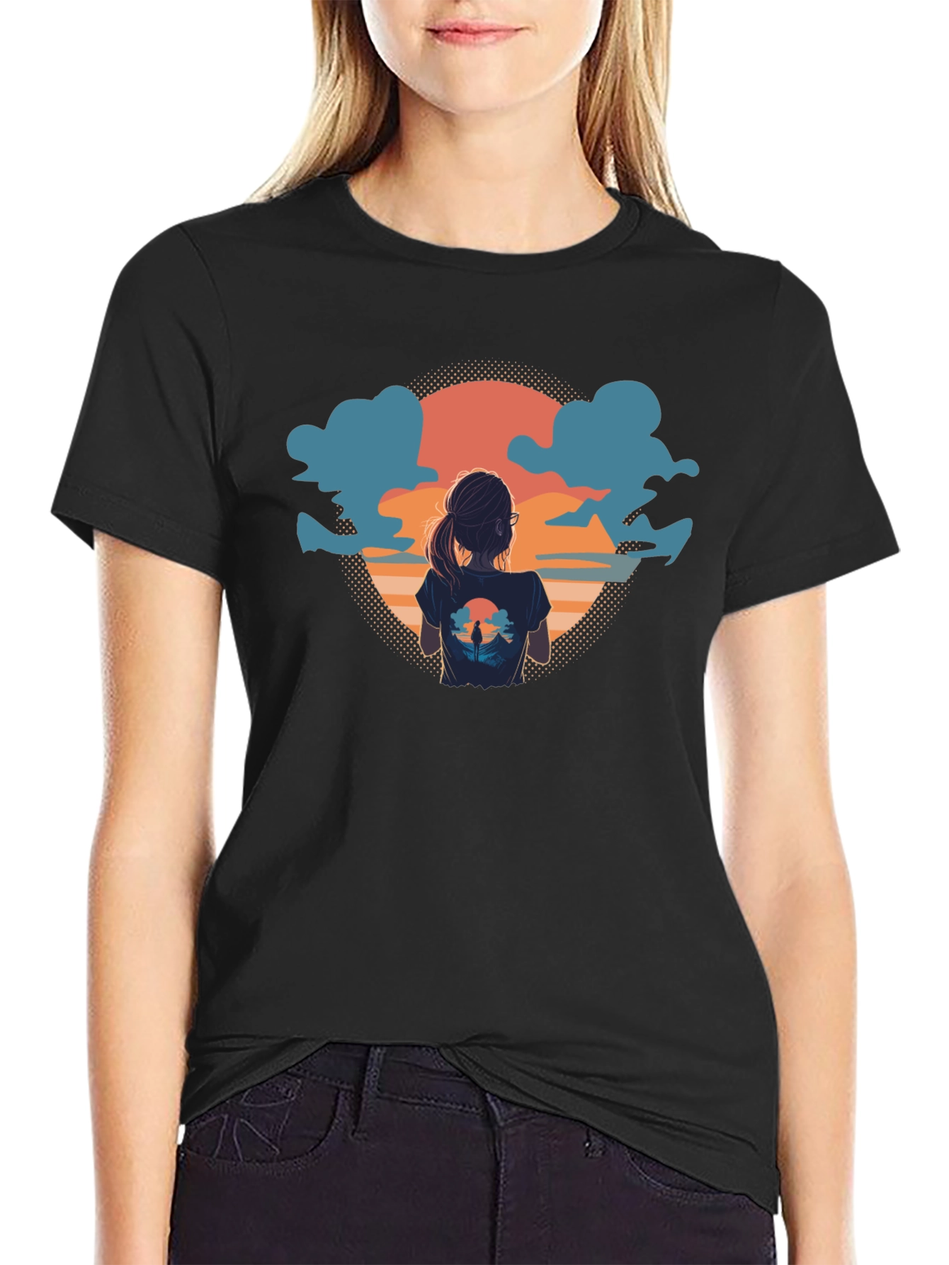 Sunset View Graphic Tee - Soft Black Cotton
