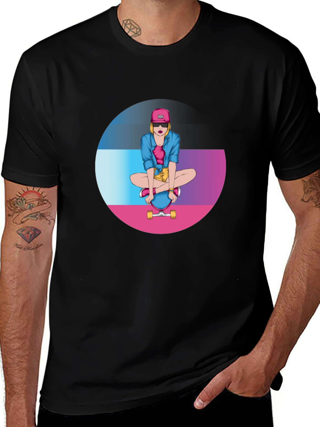 Skater Girl Graphic Tee - Black Cotton Blend T-Shirt