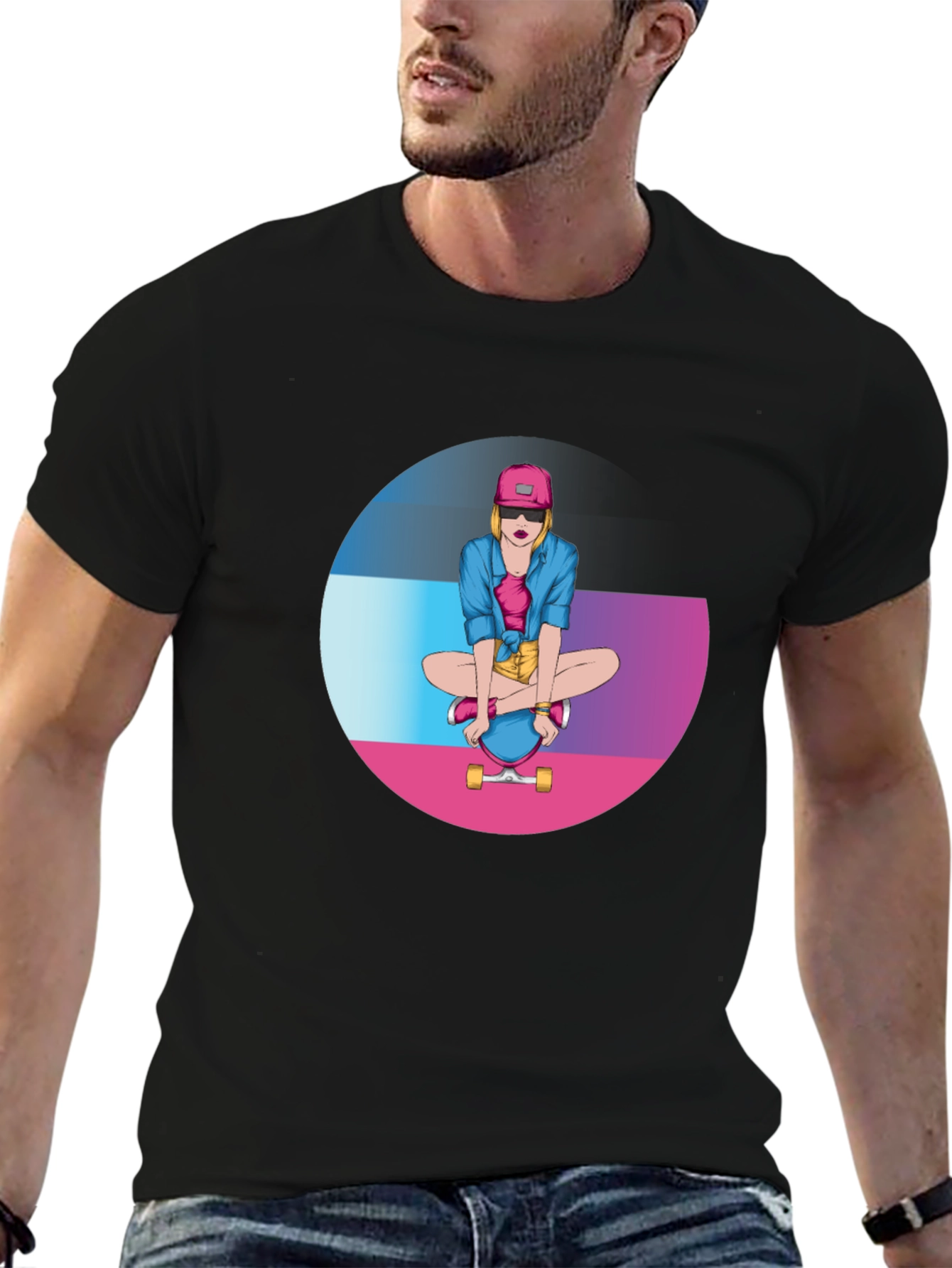 Skater Girl Graphic Tee - Black Cotton Blend T-Shirt