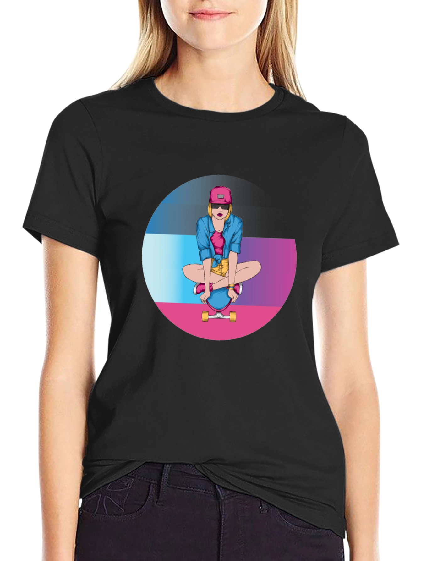 Skater Girl Graphic Tee - Black Cotton Blend T-Shirt
