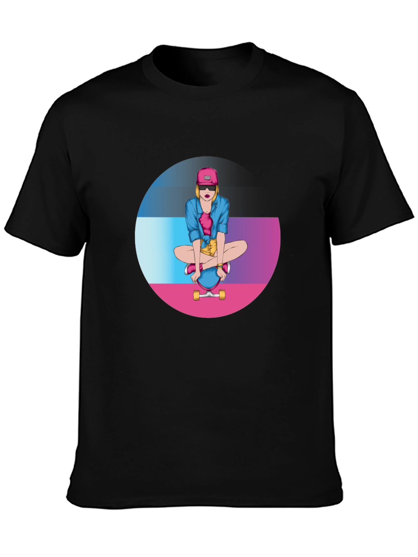 Skater Girl Graphic Tee - Black Cotton Blend T-Shirt