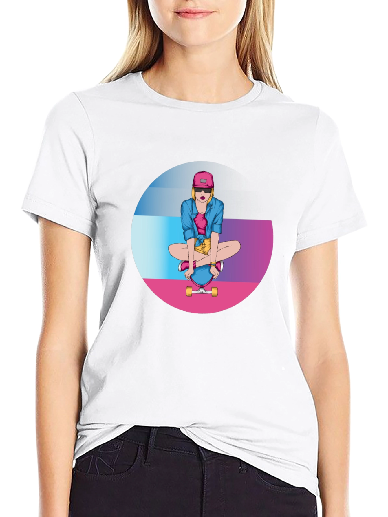 Skater Girl Graphic Tee - Black Cotton Blend T-Shirt
