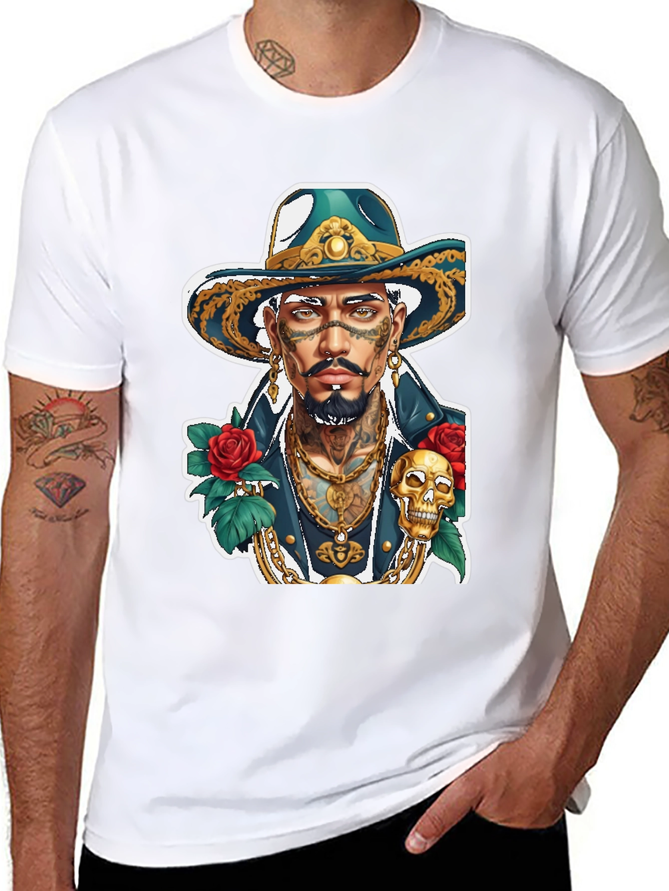 Tattooed Man Graphic T-Shirt - Skull & Roses Design