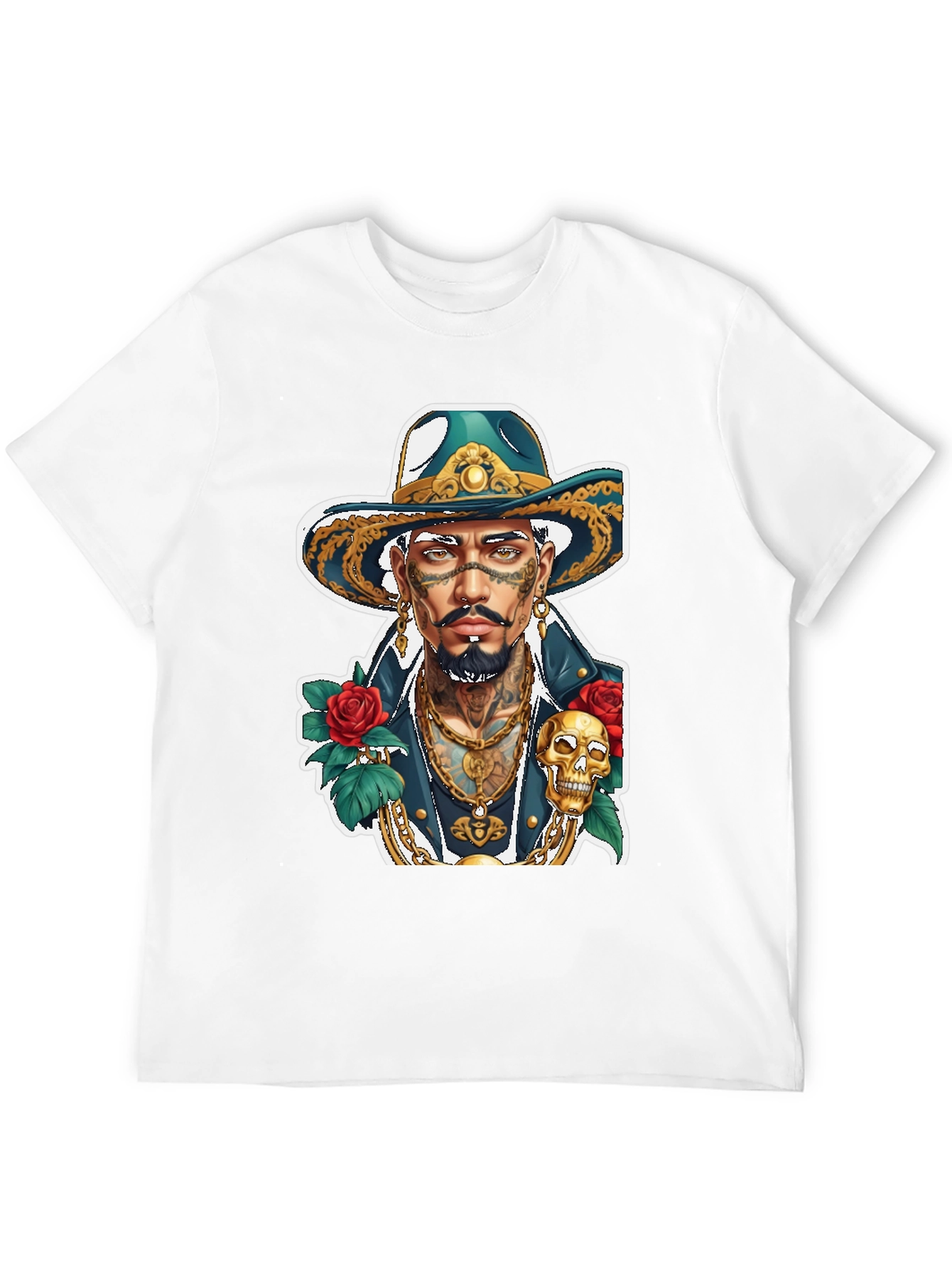 Tattooed Man Graphic T-Shirt - Skull & Roses Design