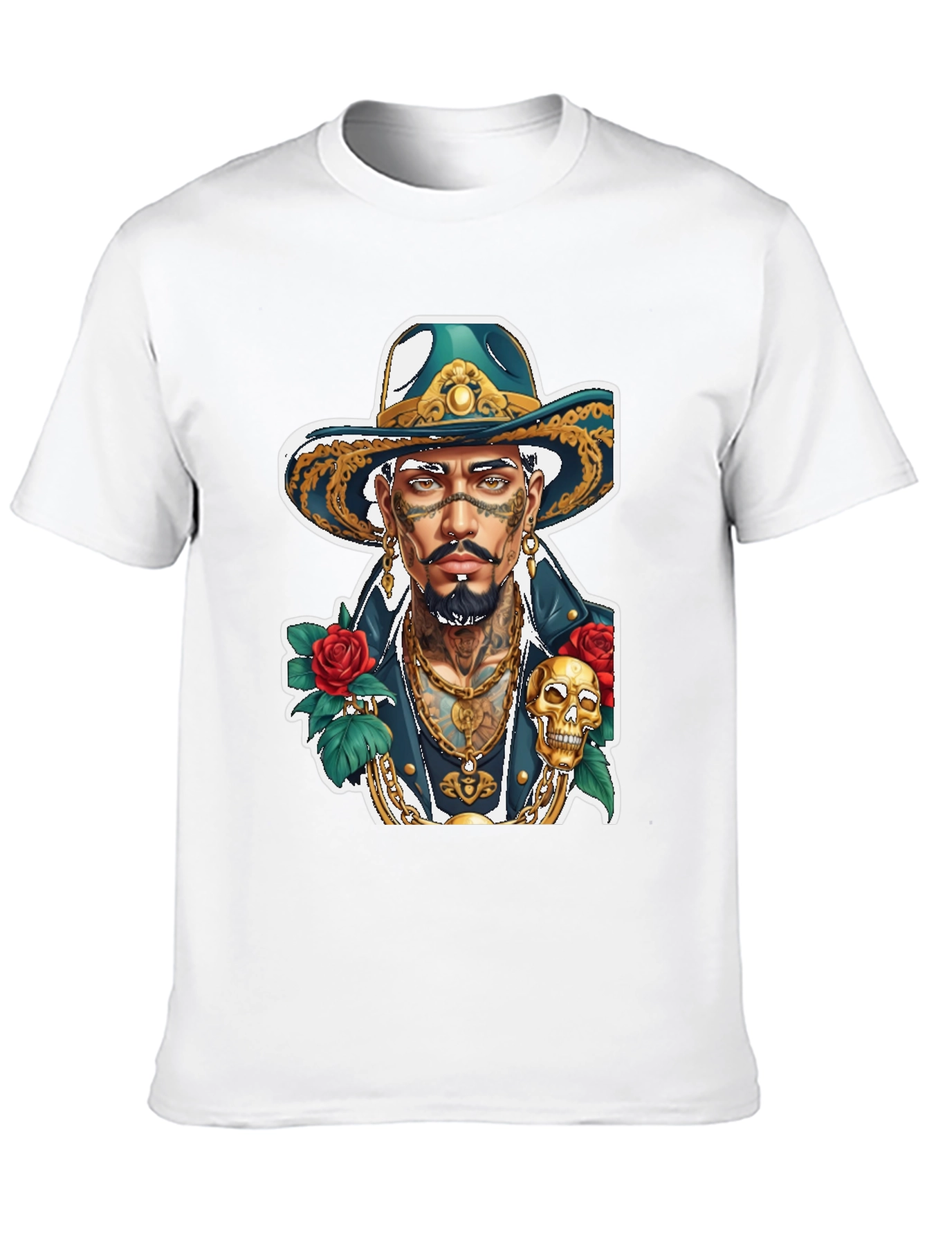 Tattooed Man Graphic T-Shirt - Skull & Roses Design