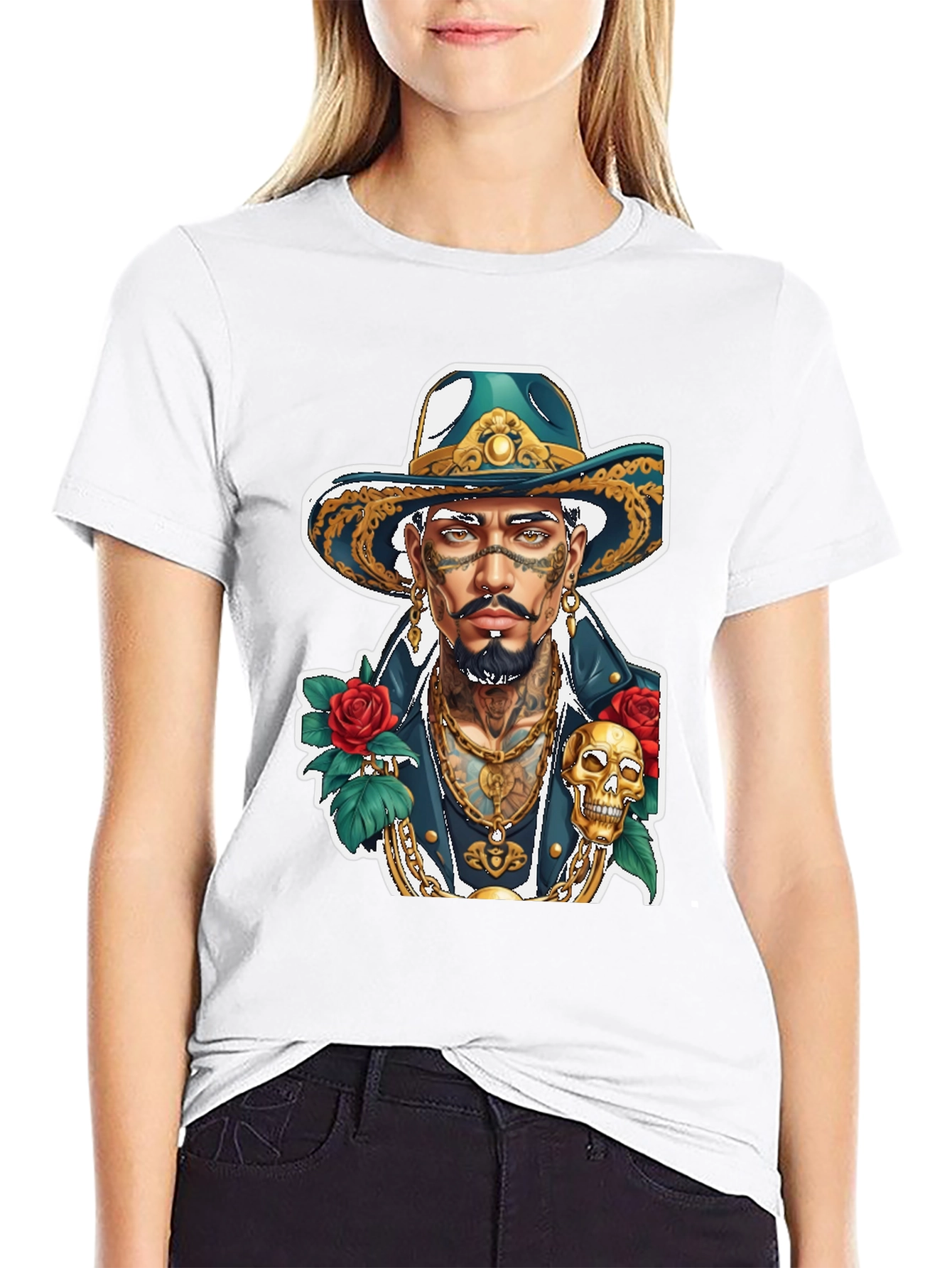 Tattooed Man Graphic T-Shirt - Skull & Roses Design