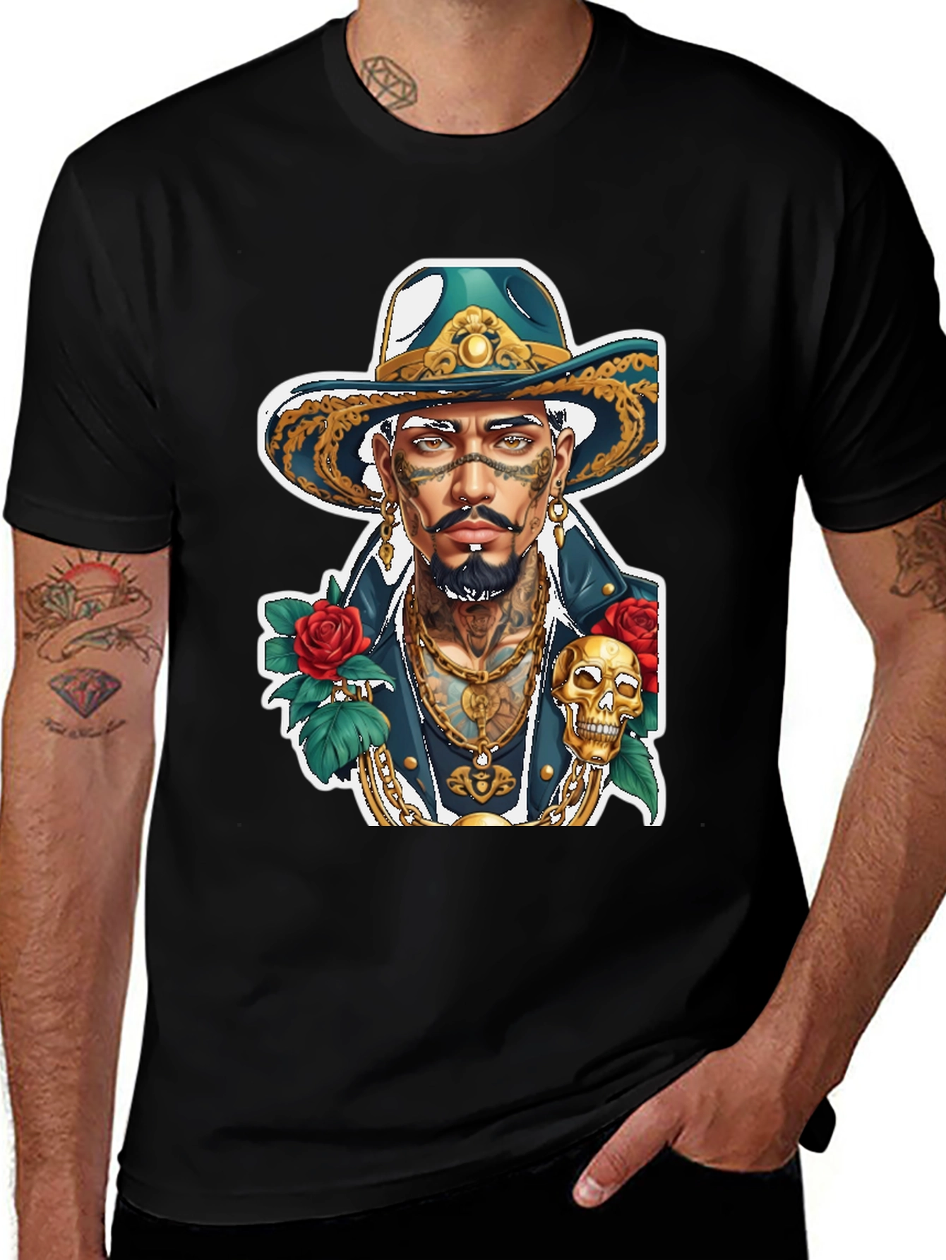 Tattooed Man Graphic T-Shirt - Skull & Roses Design