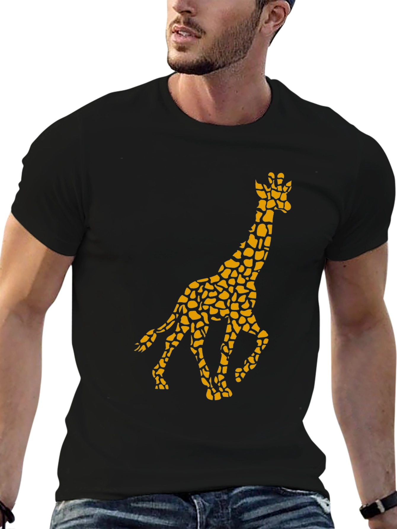 Giraffe Print Mens Black T-Shirt