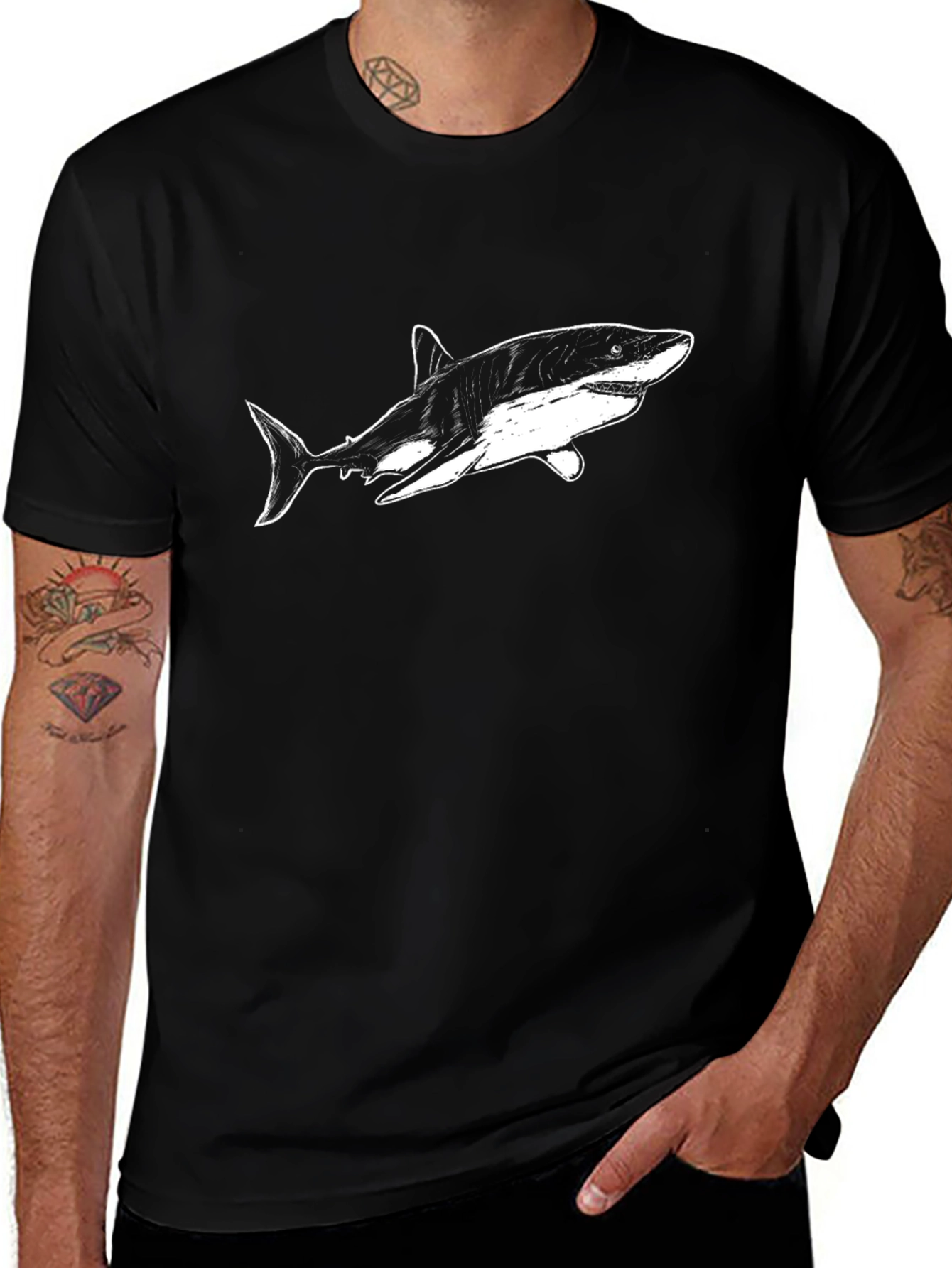 Shark Graphic Tee - Mens Black Cotton T-Shirt