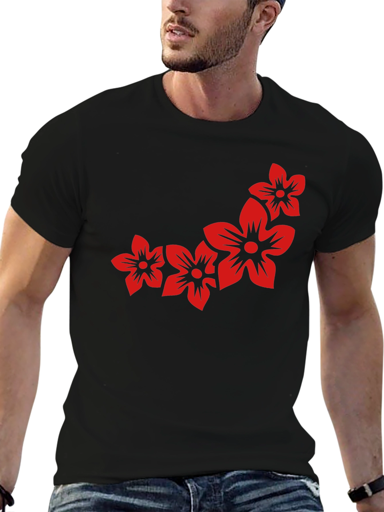 Floral Print Black Casual Tee