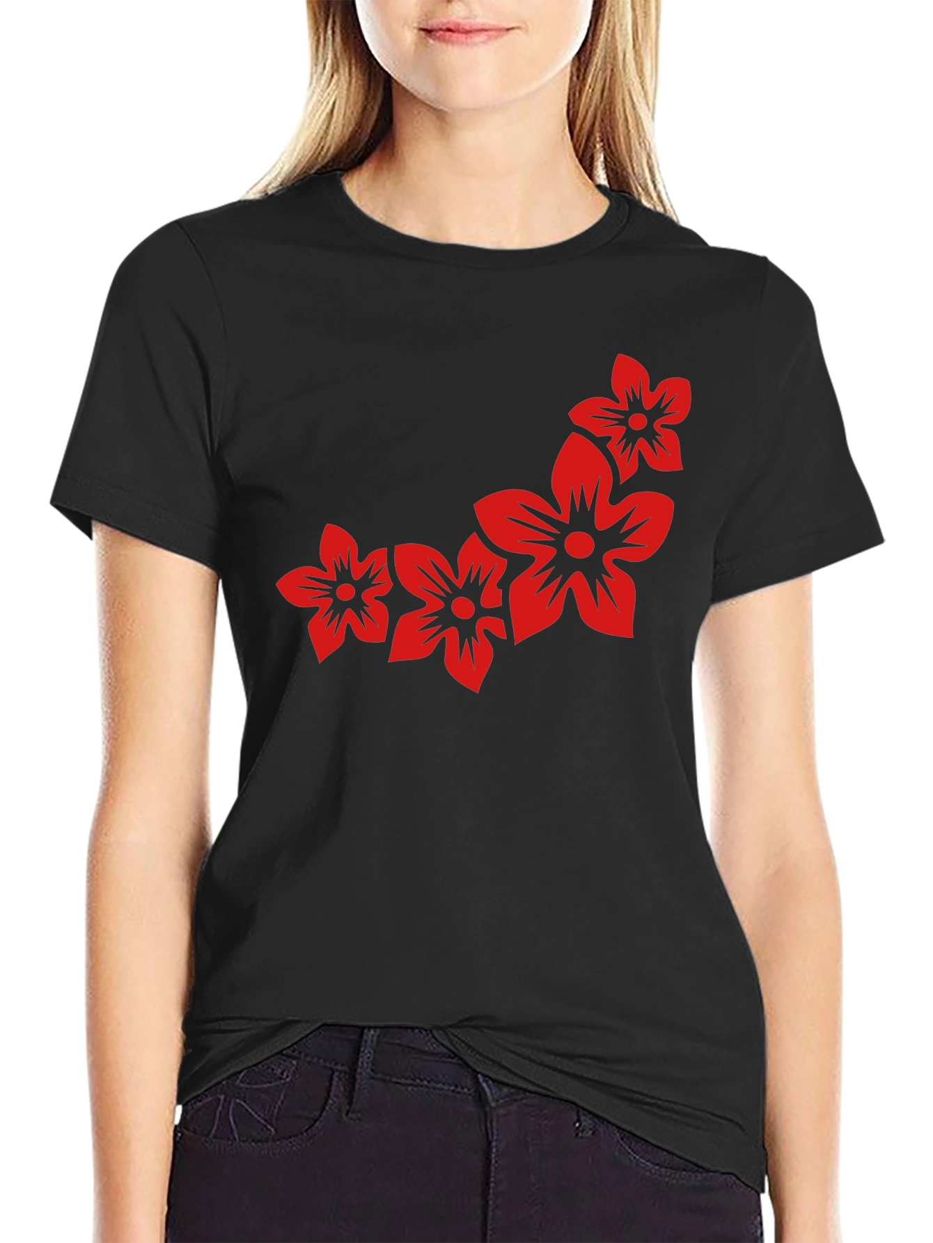 Floral Print Black Casual Tee