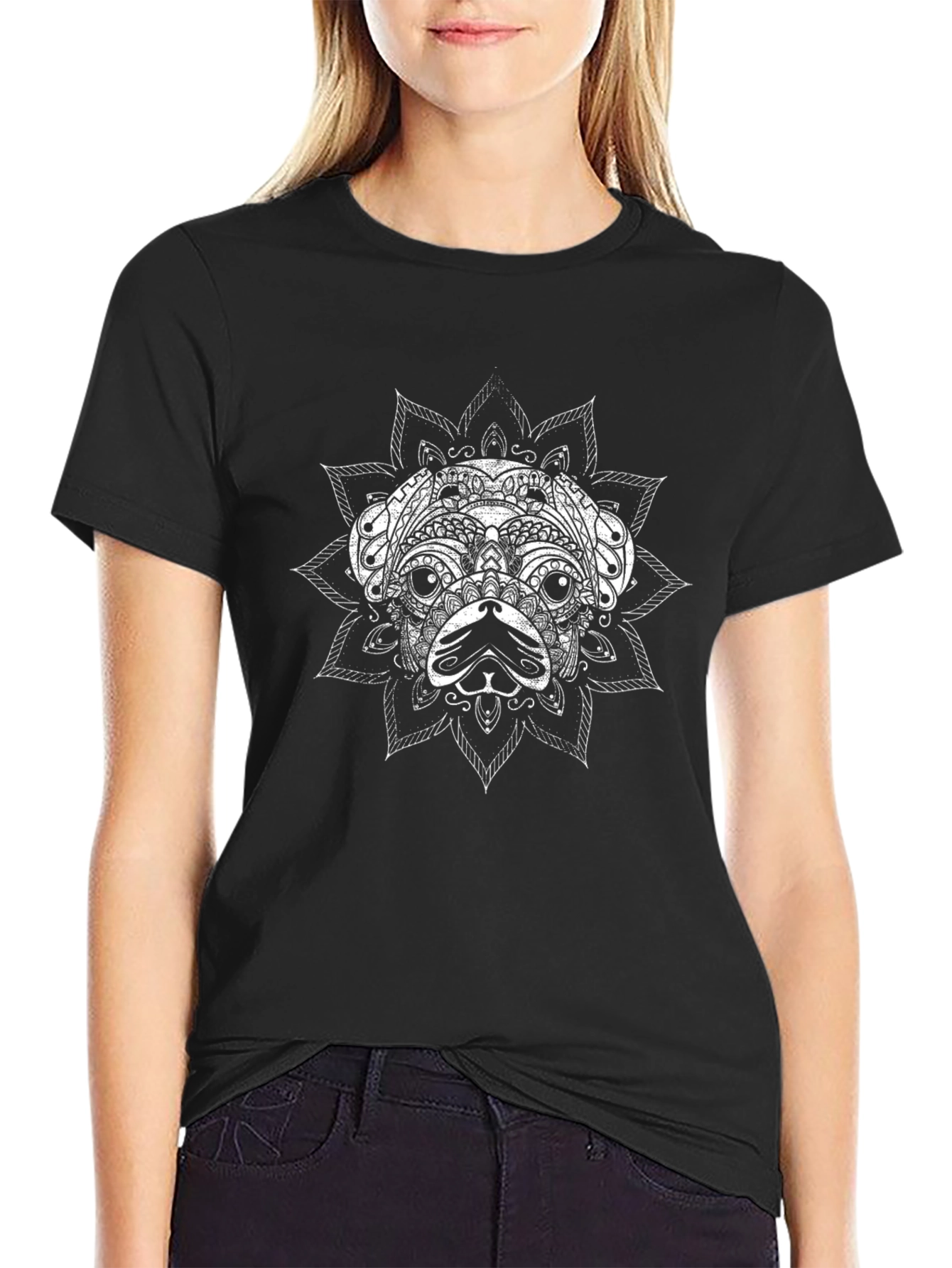 Black T-Shirt with Ornamental Dog Graphic