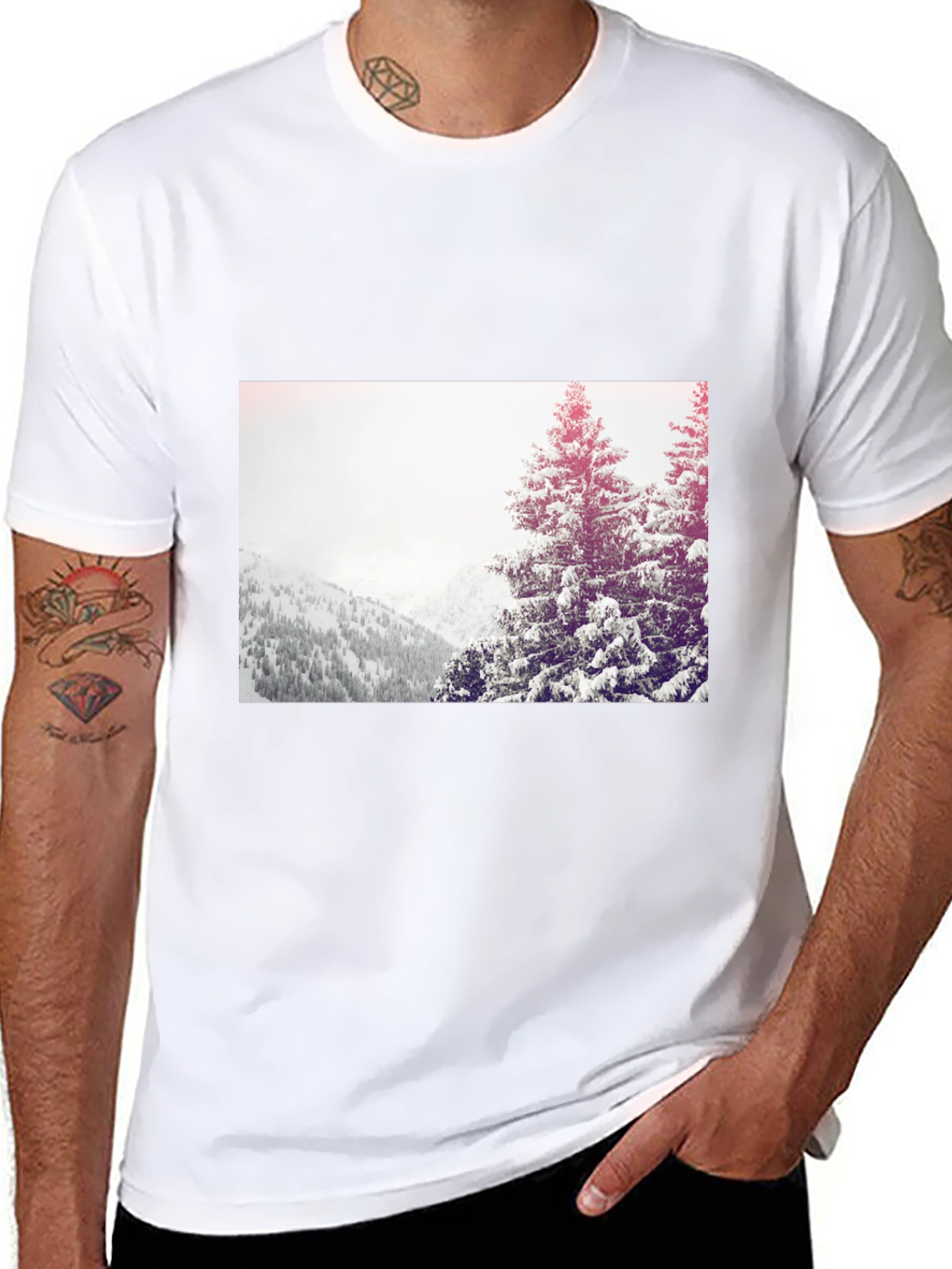 Winter Scene Graphic Tee - Black Cotton Casual T-Shirt