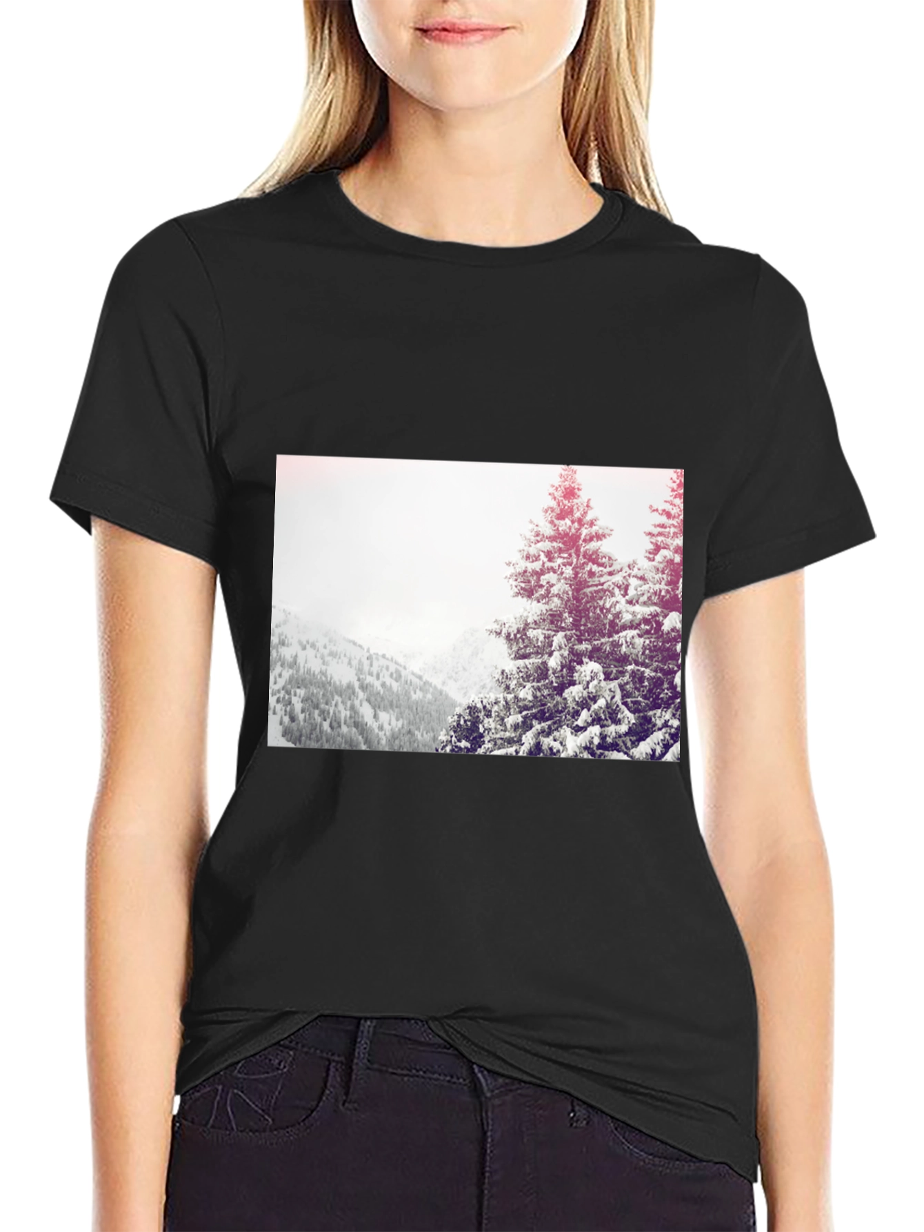 Winter Scene Graphic Tee - Black Cotton Casual T-Shirt