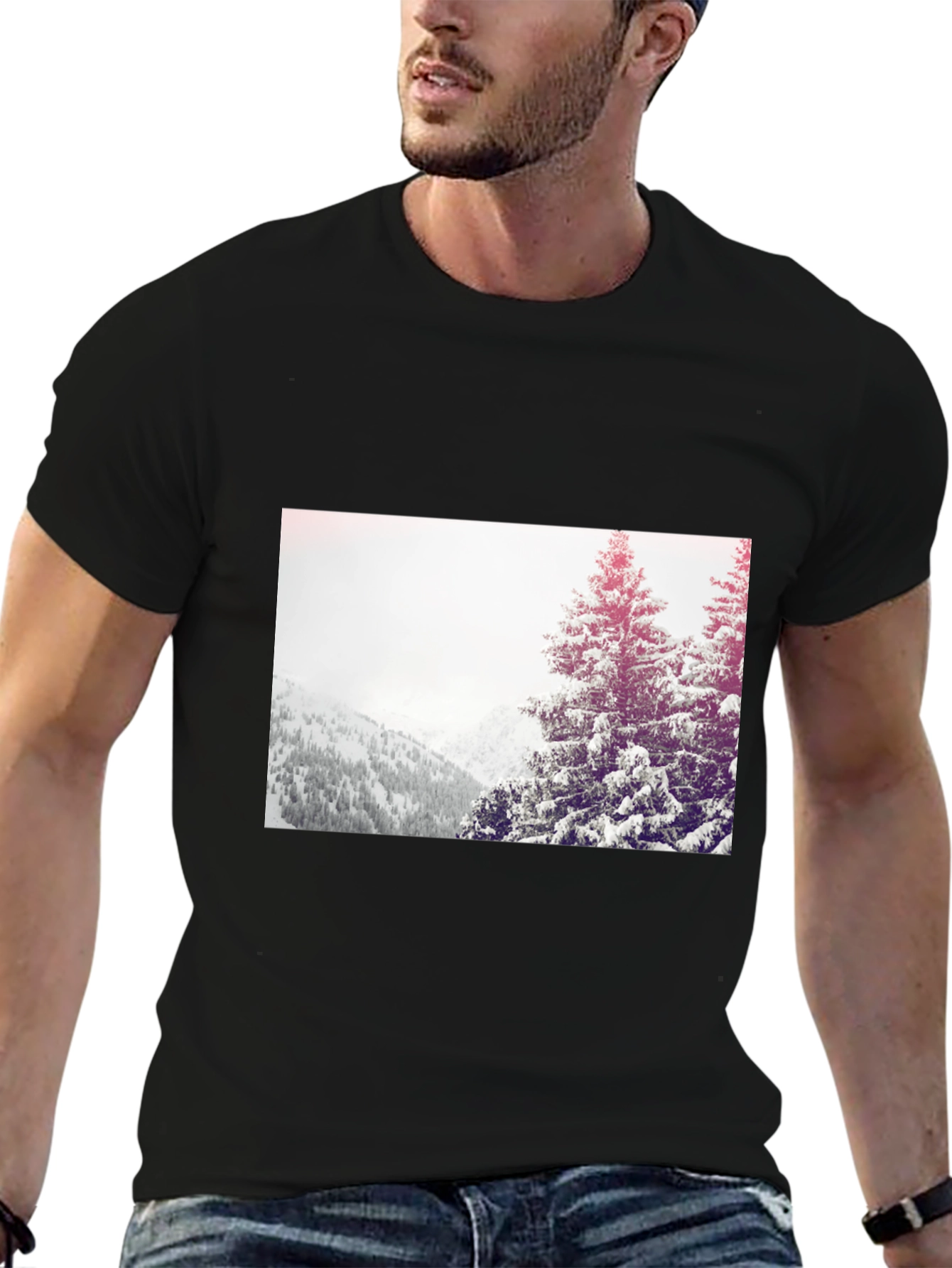 Winter Scene Graphic Tee - Black Cotton Casual T-Shirt