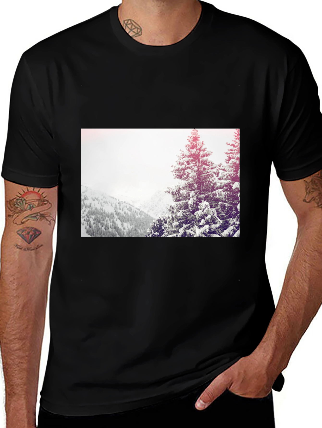 Winter Scene Graphic Tee - Black Cotton Casual T-Shirt
