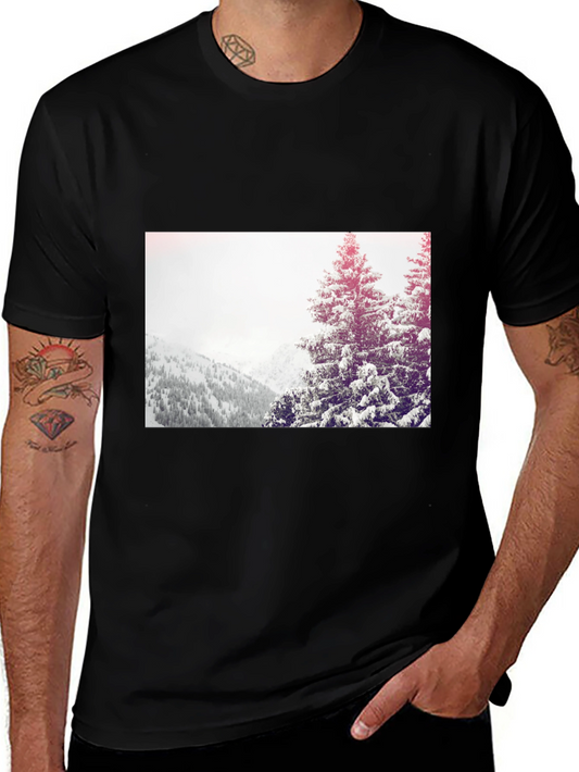Winter Scene Graphic Tee - Black Cotton Casual T-Shirt
