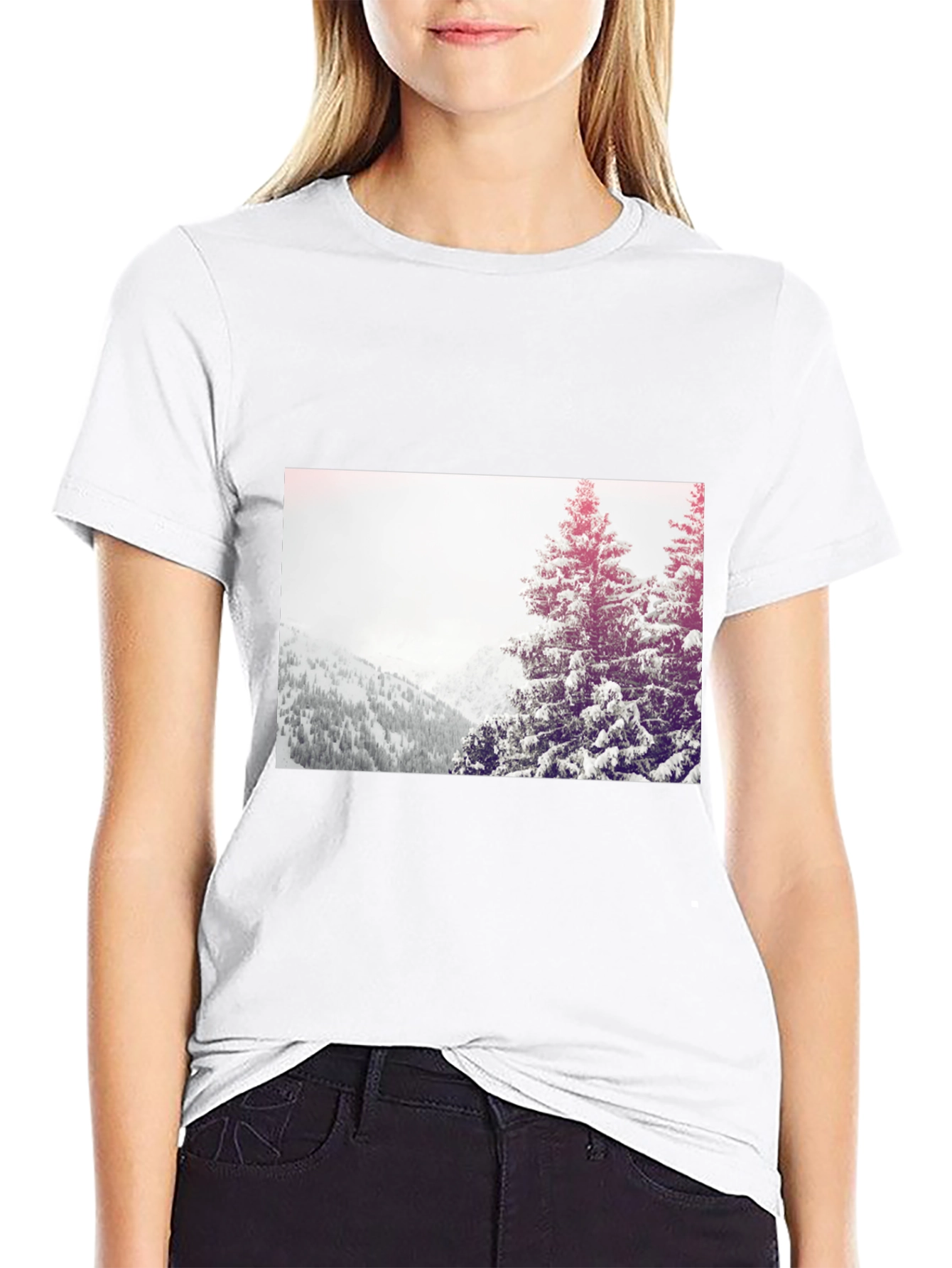 Winter Scene Graphic Tee - Black Cotton Casual T-Shirt