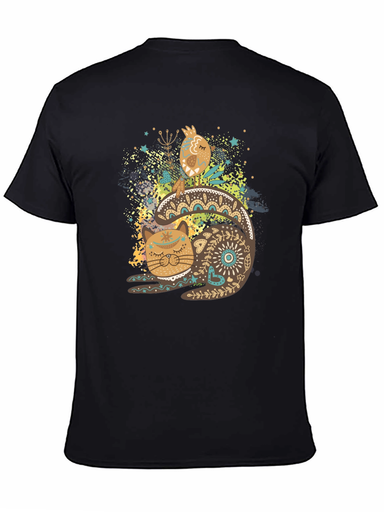 Artistic Cat & Bird Graphic T-Shirt