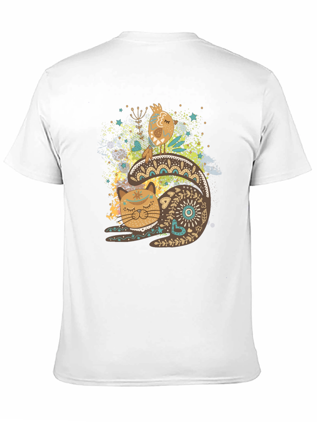 Artistic Cat & Bird Graphic T-Shirt