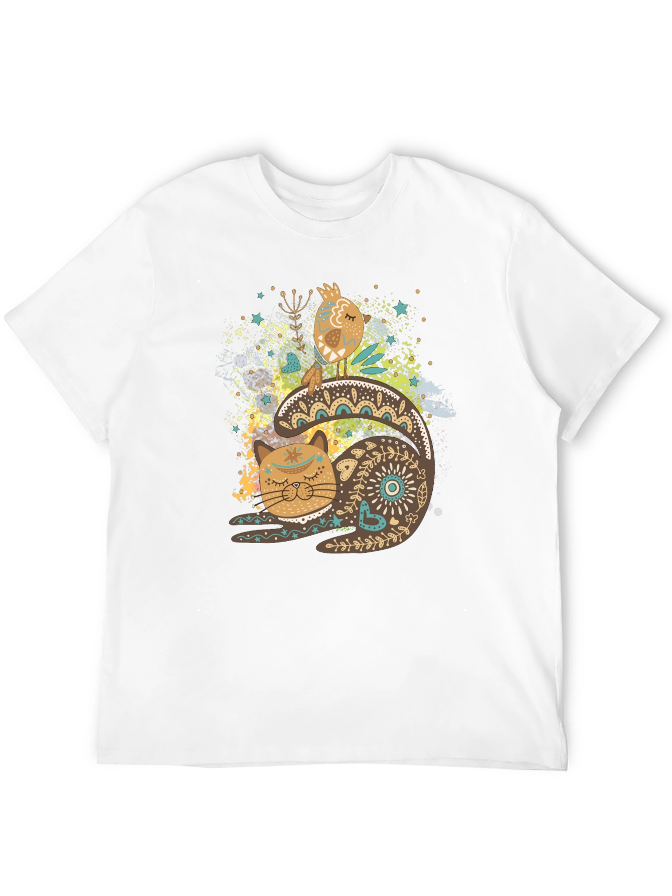 Artistic Cat & Bird Graphic T-Shirt