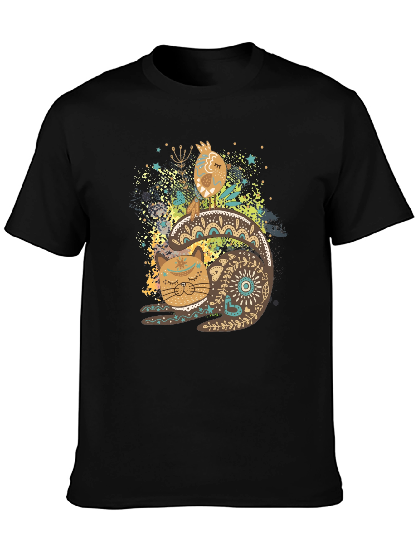Artistic Cat & Bird Graphic T-Shirt