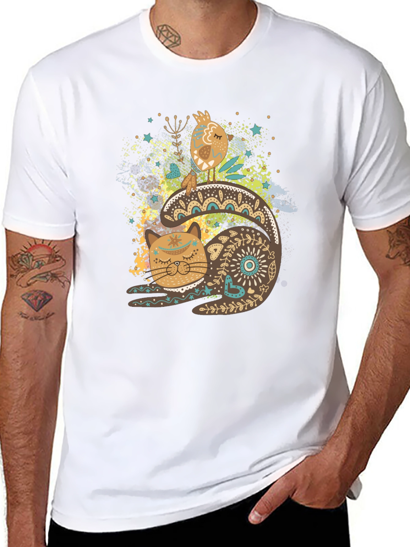 Artistic Cat & Bird Graphic T-Shirt