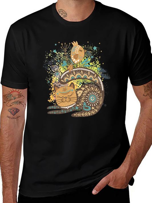 Artistic Cat & Bird Graphic T-Shirt