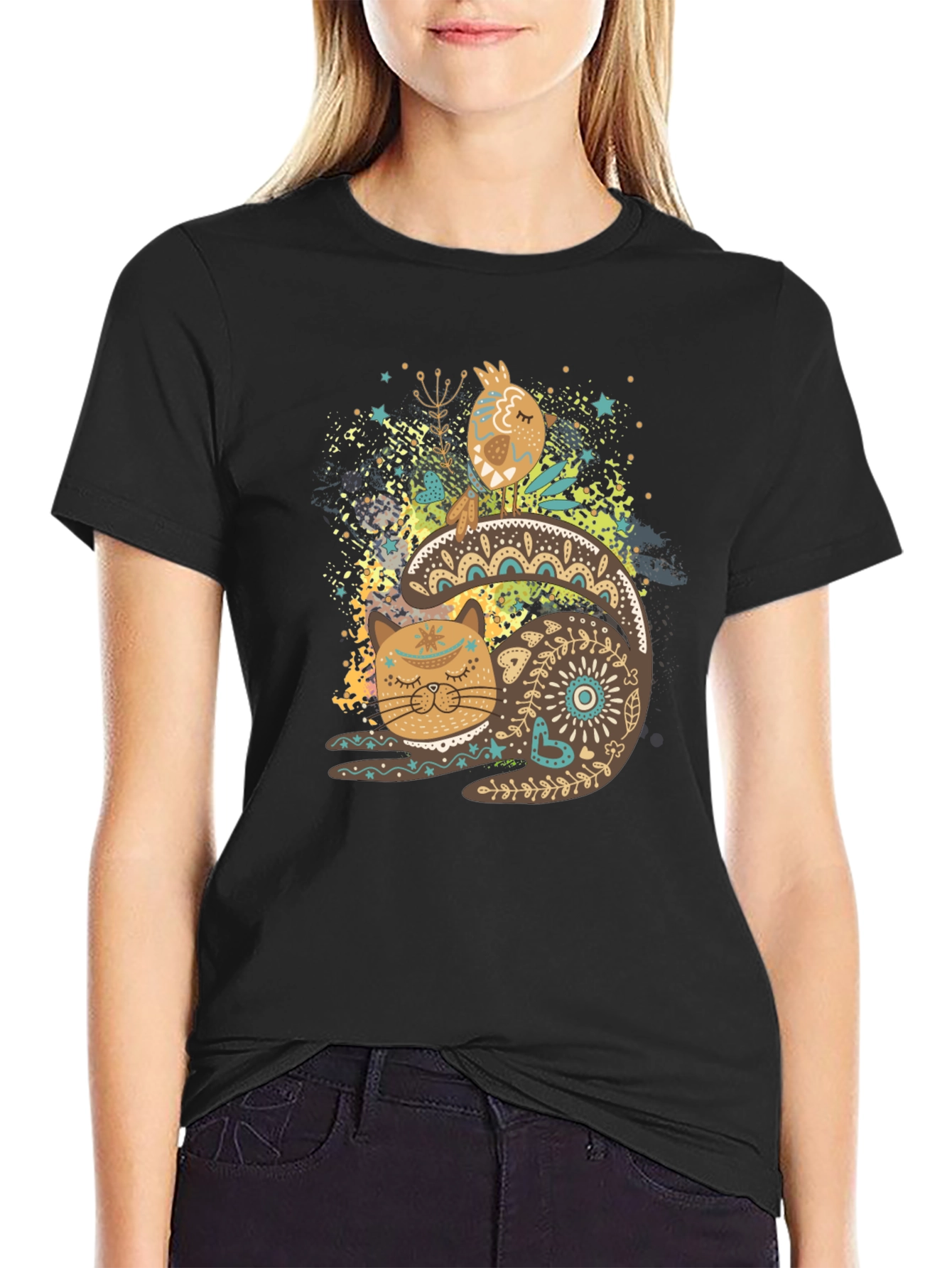 Artistic Cat & Bird Graphic T-Shirt