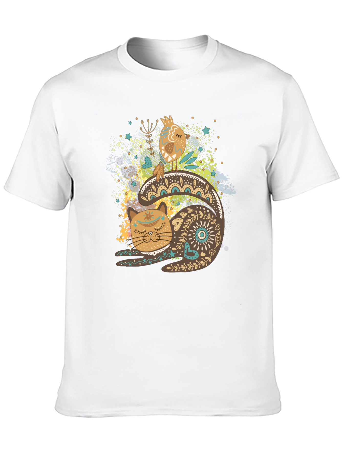 Artistic Cat & Bird Graphic T-Shirt