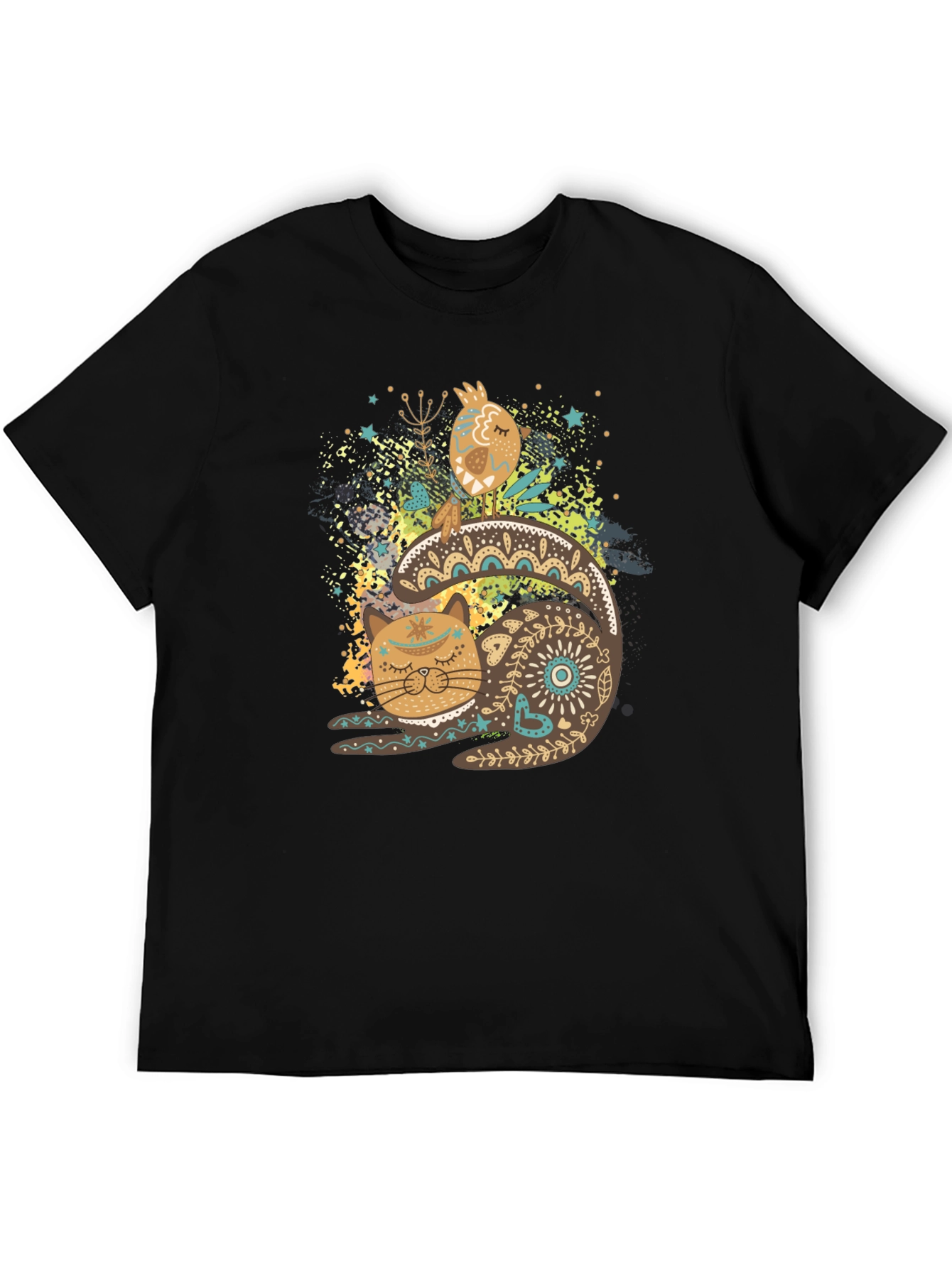 Artistic Cat & Bird Graphic T-Shirt