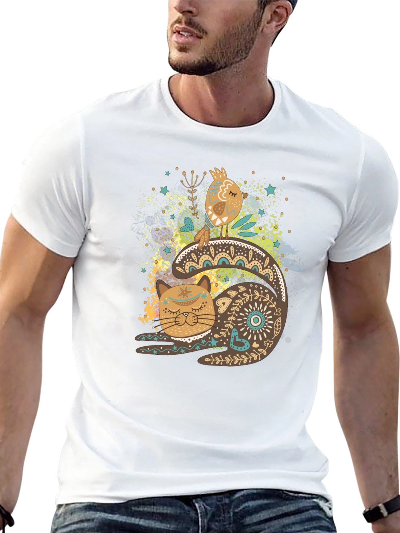 Artistic Cat & Bird Graphic T-Shirt
