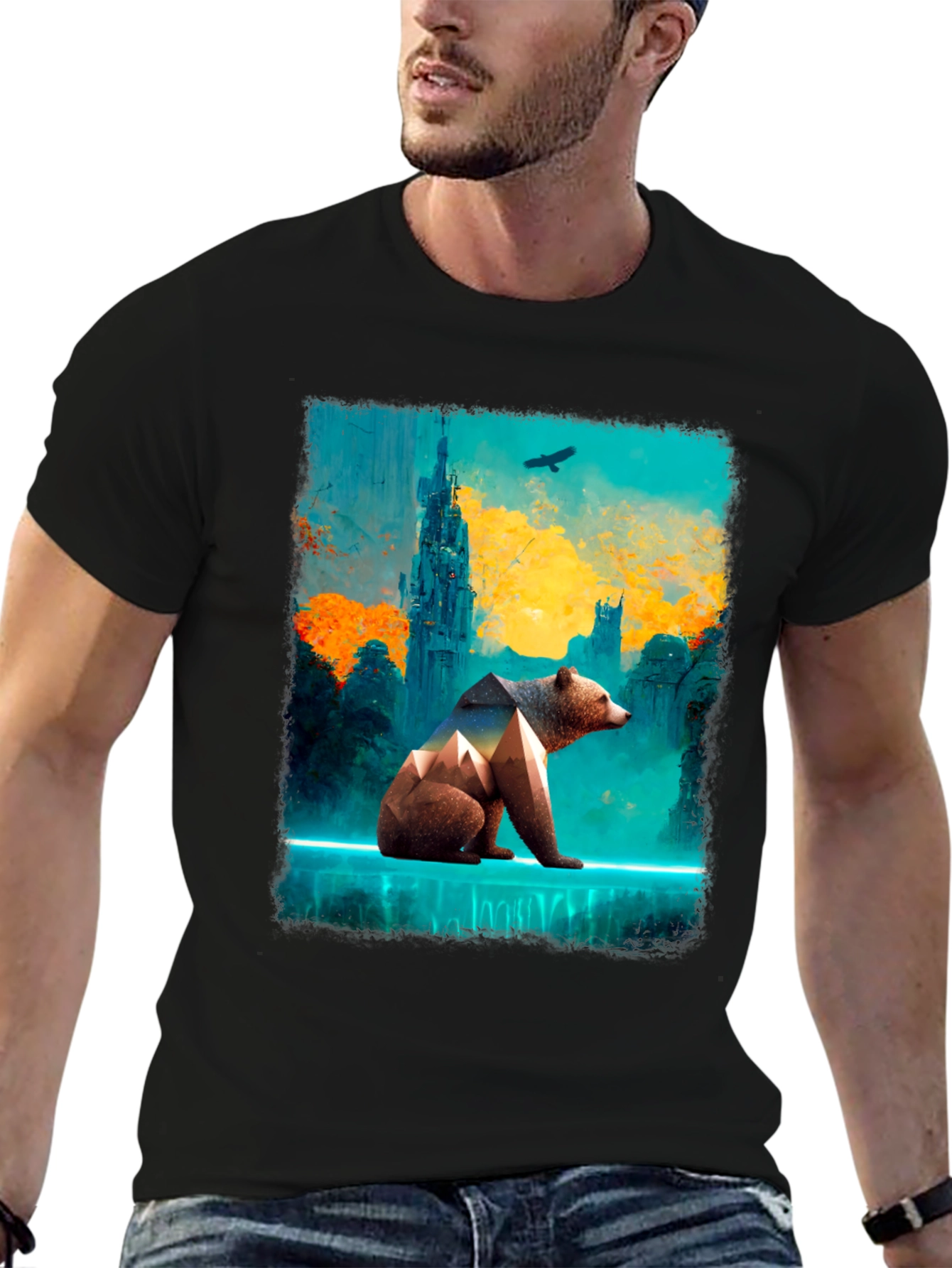 Abstract Bear Graphic Tee - Stylish Mens Black T-Shirt