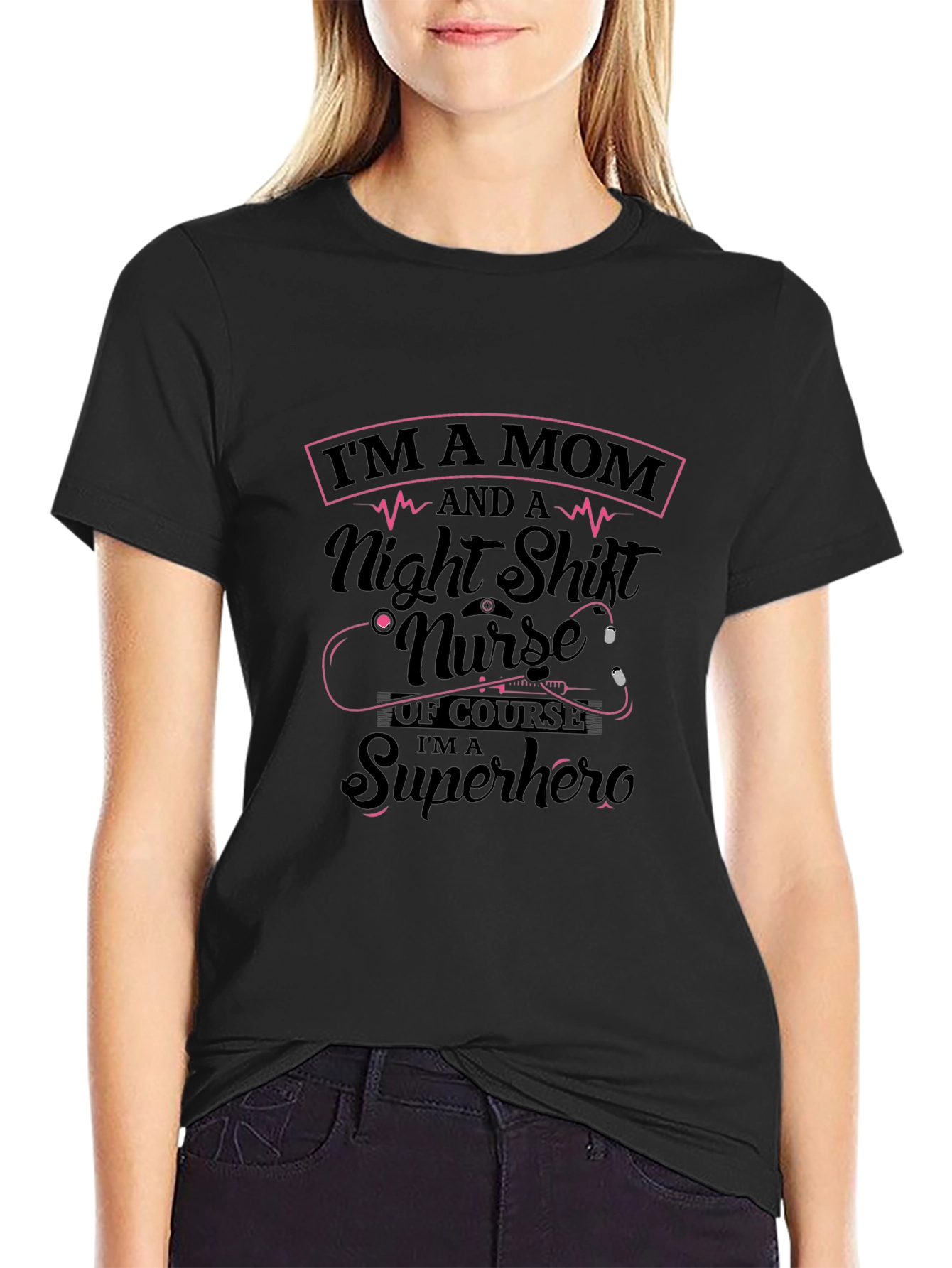 Mom Night Shift Nurse Superhero Black T-Shirt
