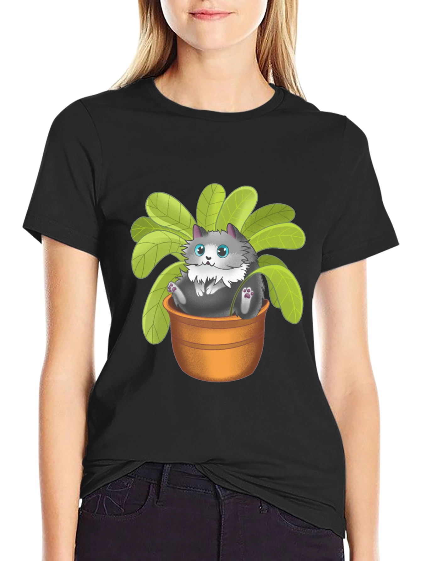 Cute Cat Plant Pot Graphic T-Shirt - Unisex