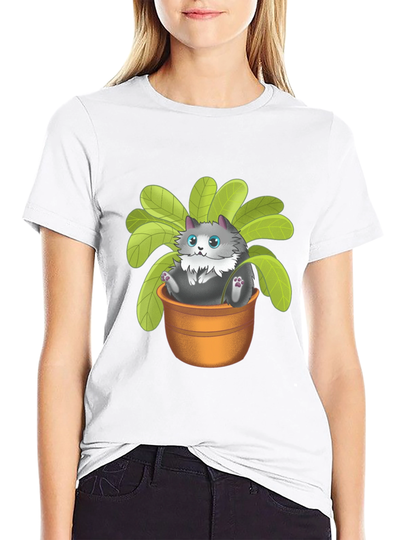 Cute Cat Plant Pot Graphic T-Shirt - Unisex