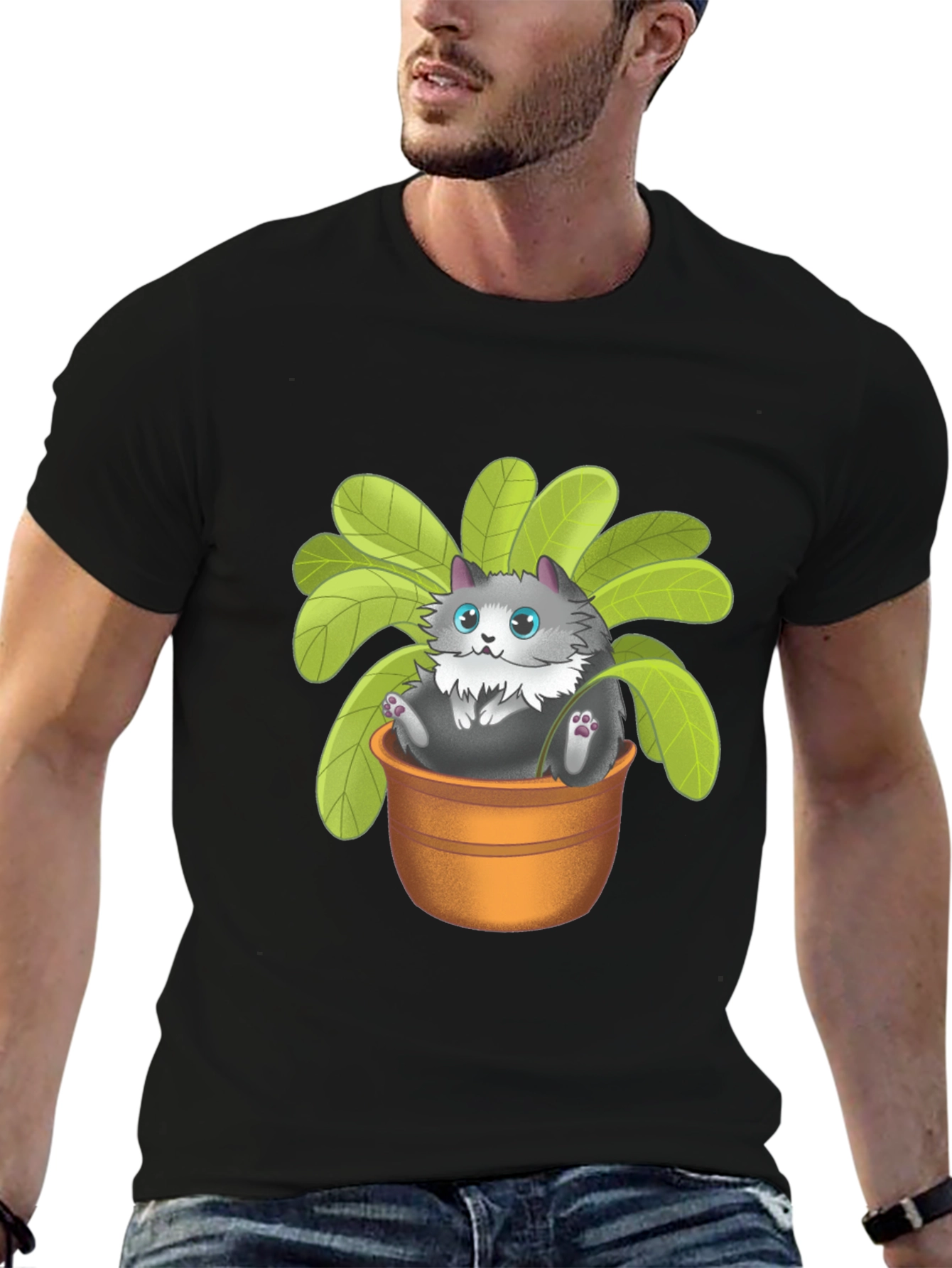 Cute Cat Plant Pot Graphic T-Shirt - Unisex