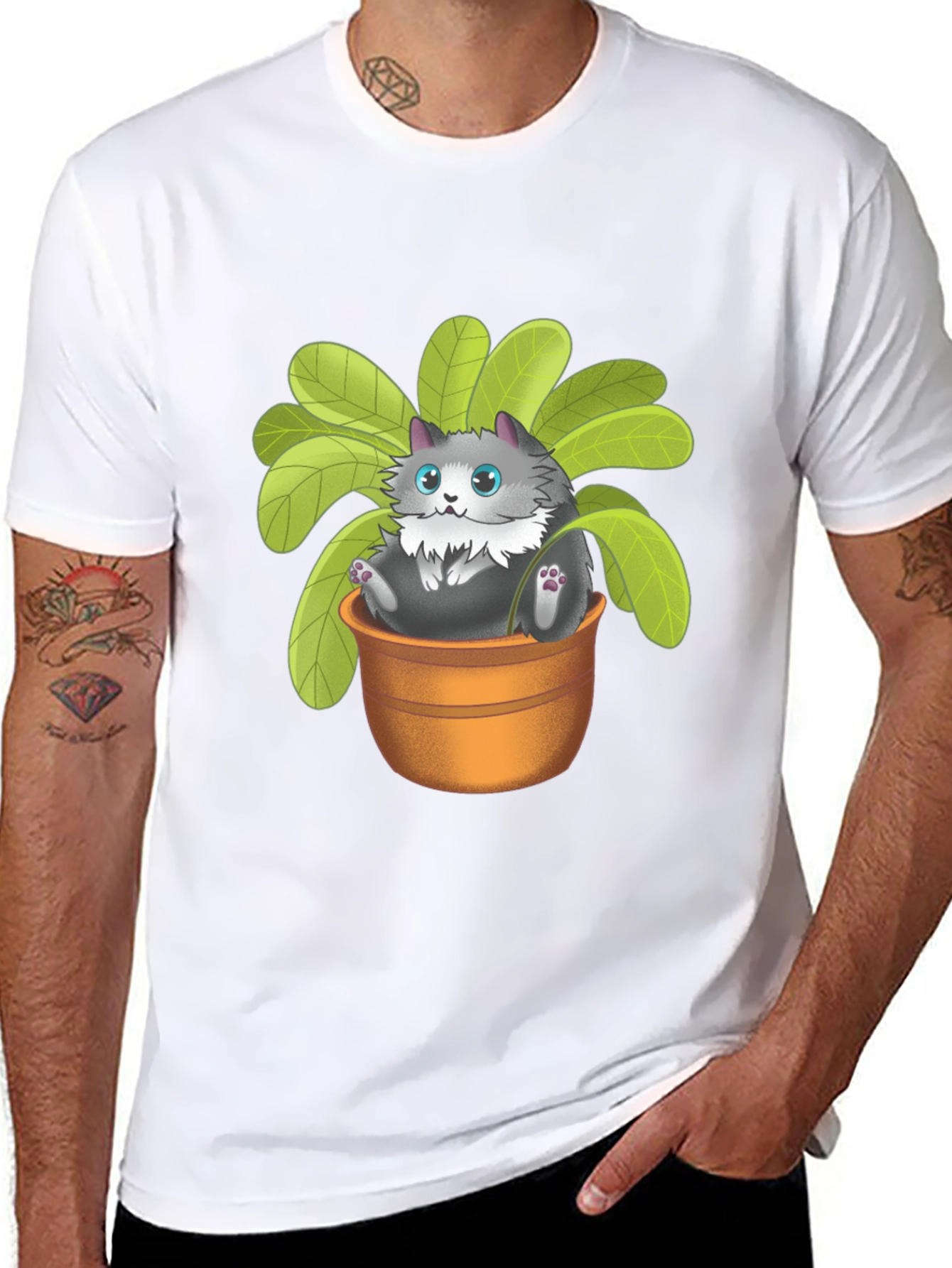 Cute Cat Plant Pot Graphic T-Shirt - Unisex