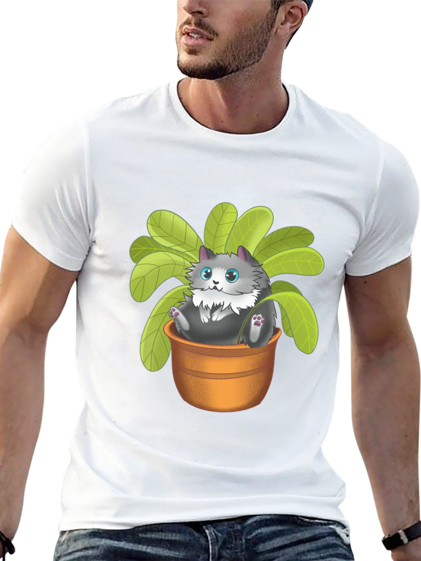 Cute Cat Plant Pot Graphic T-Shirt - Unisex