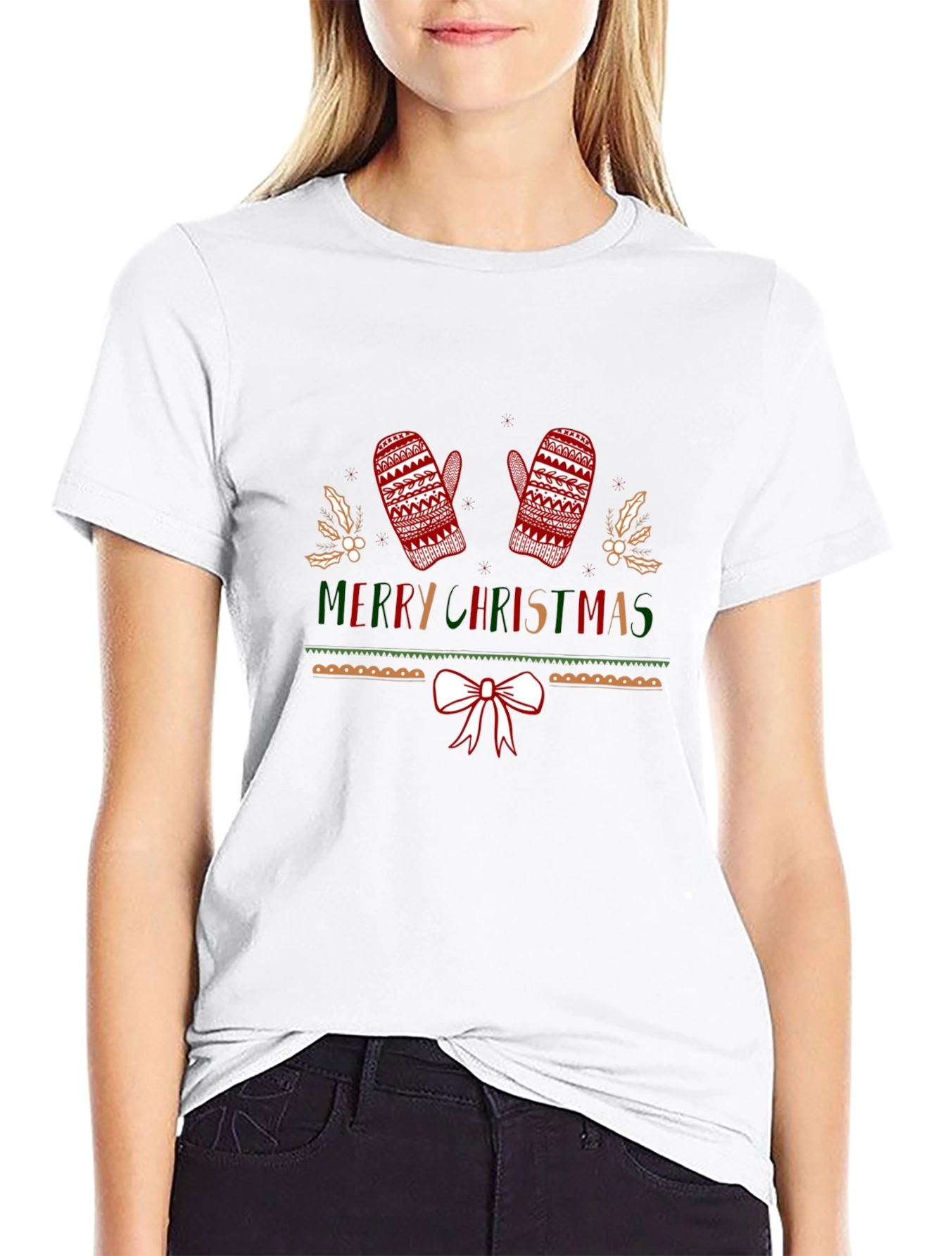 Festive Merry Christmas Knitted Mittens T-Shirt
