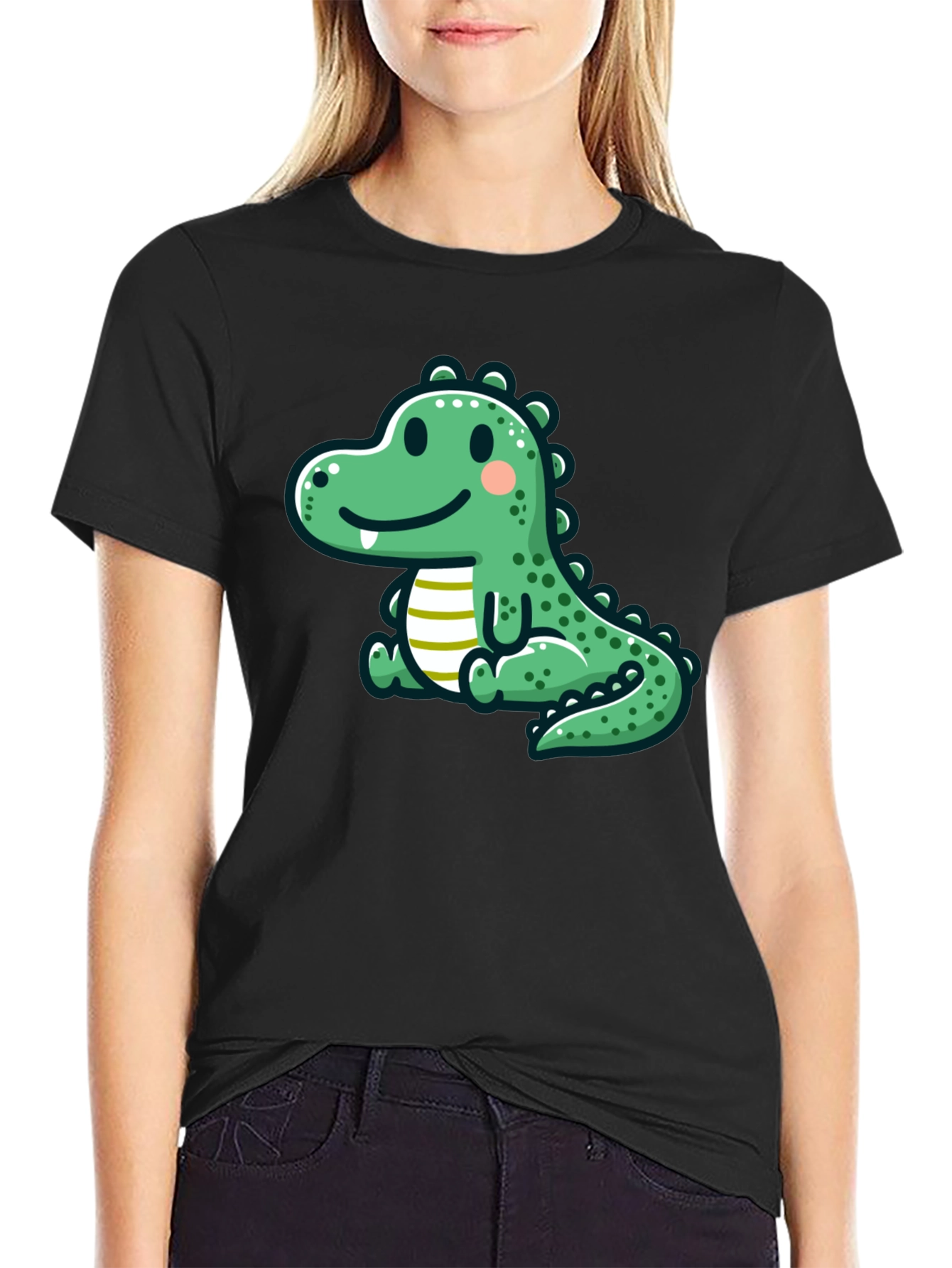 Cute Cartoon Dinosaur Graphic Tee - Black T-Shirt