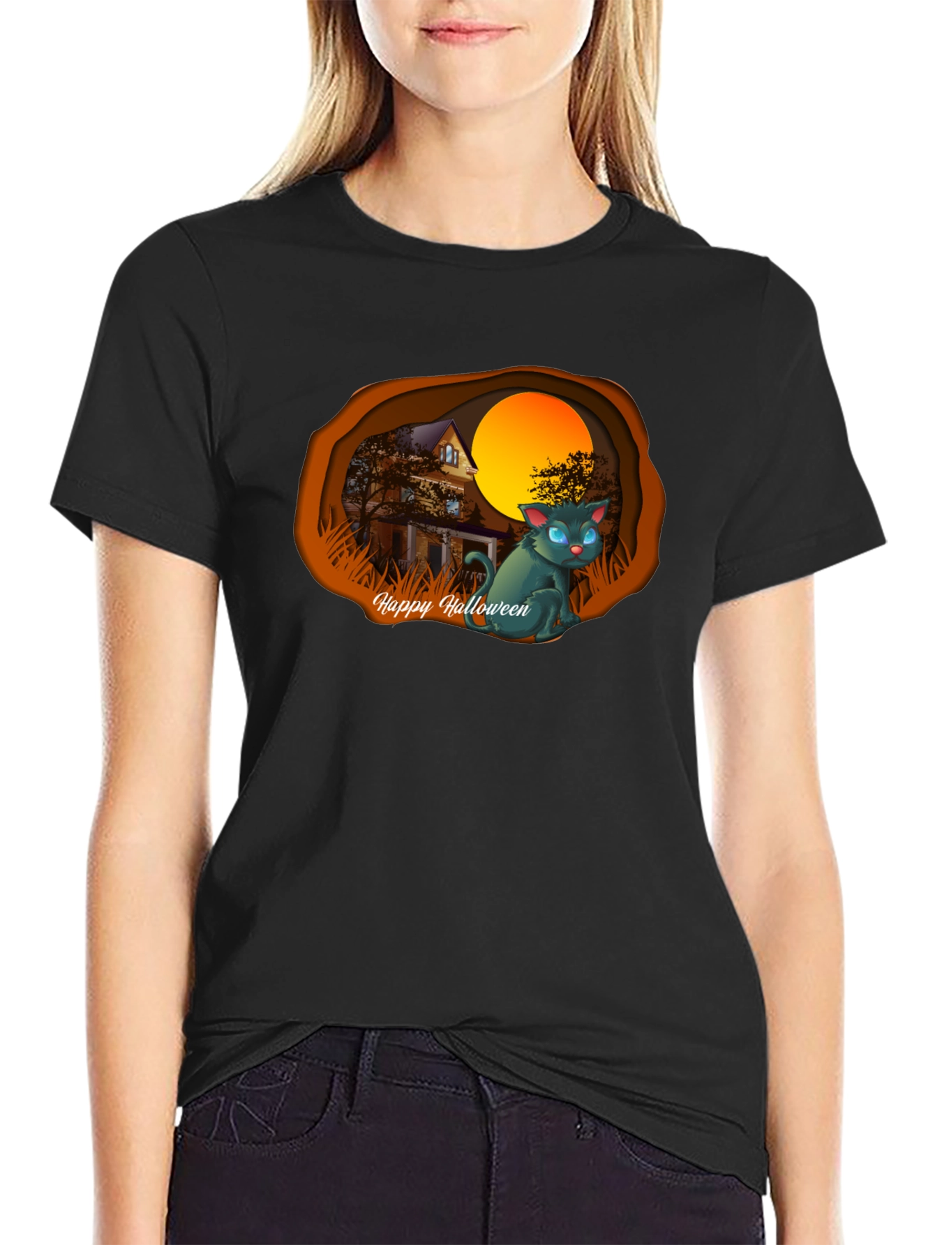 Halloween Cat Graphic T-Shirt