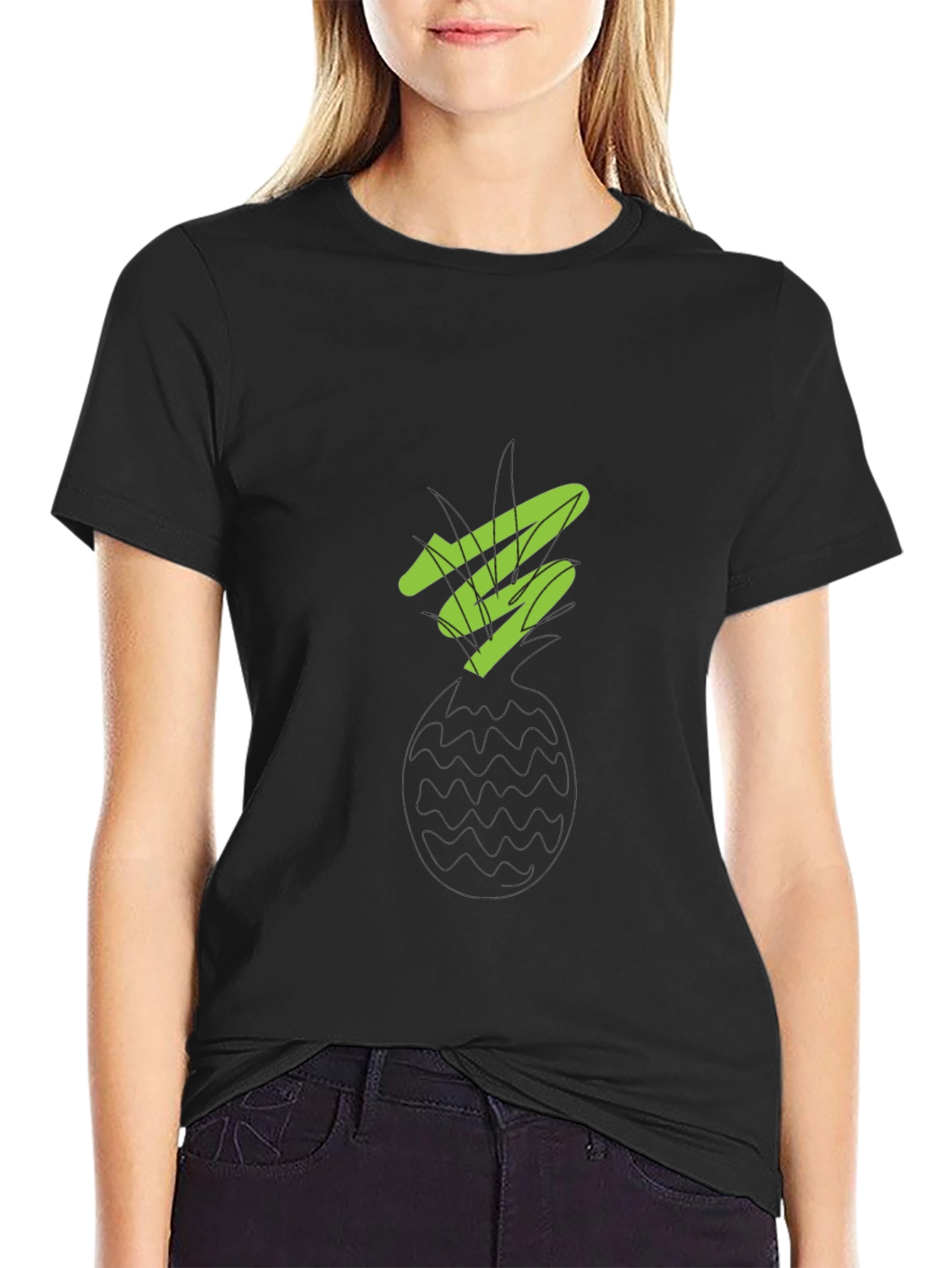 Modern Green Graphic Print Black T-Shirt