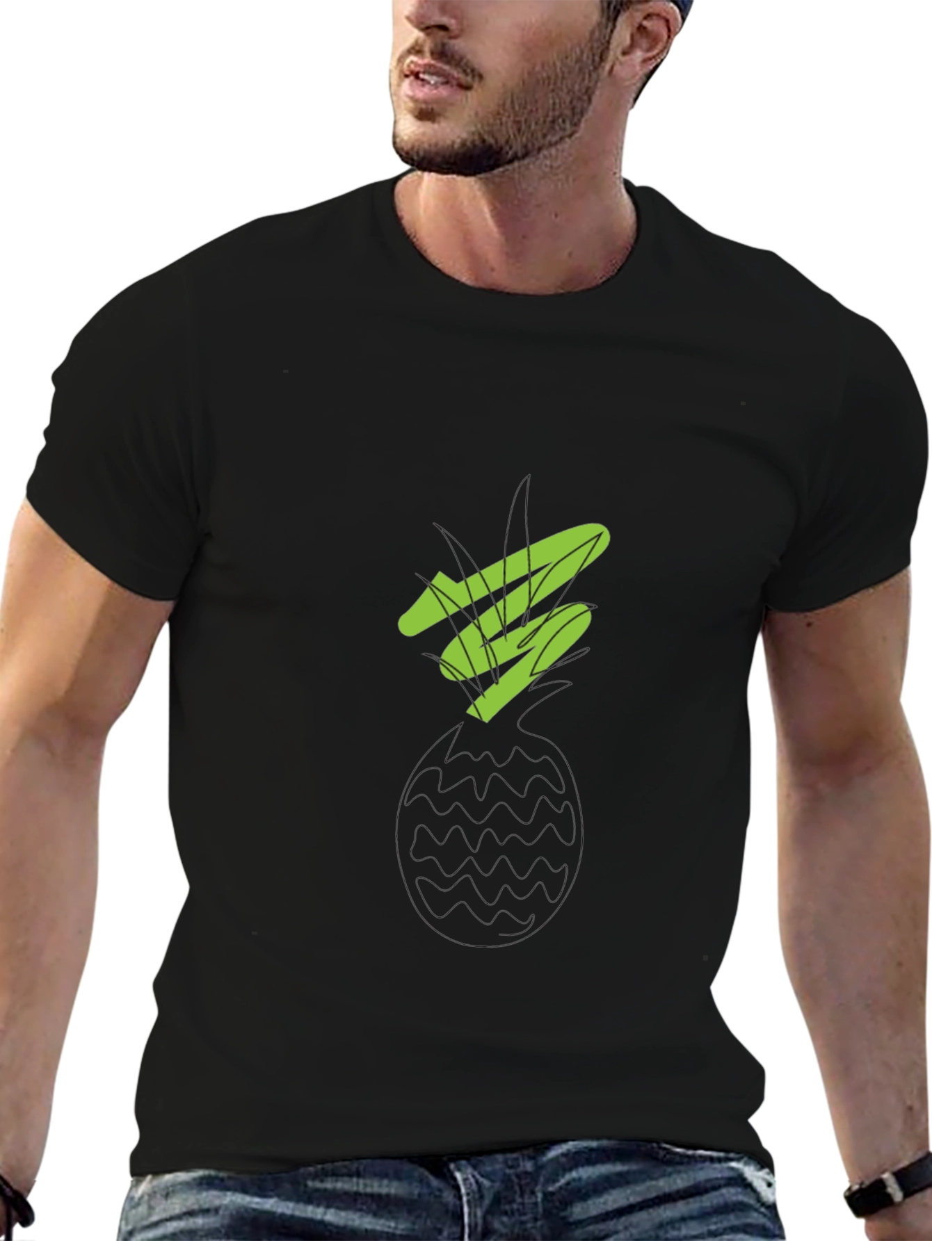 Modern Green Graphic Print Black T-Shirt