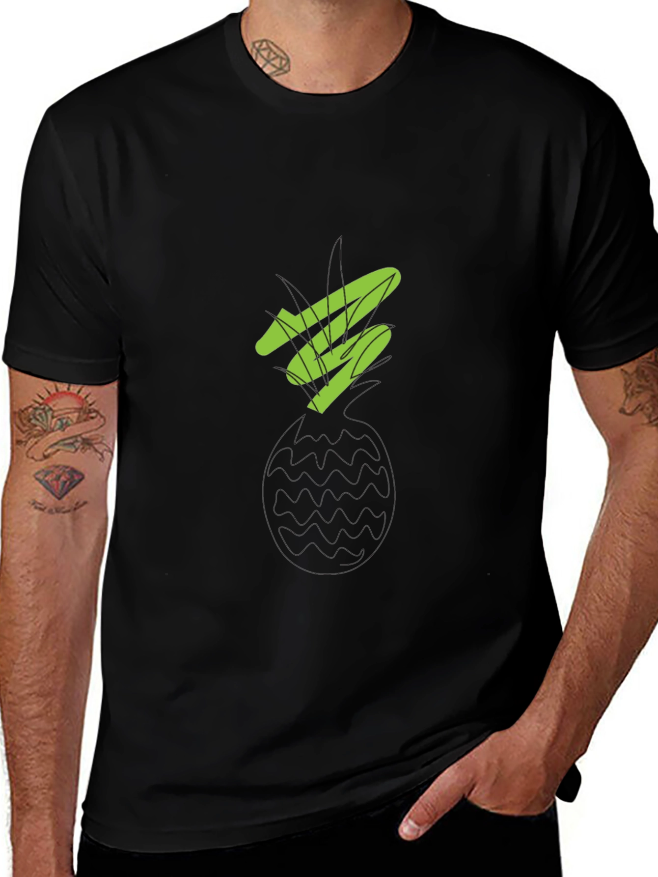 Modern Green Graphic Print Black T-Shirt