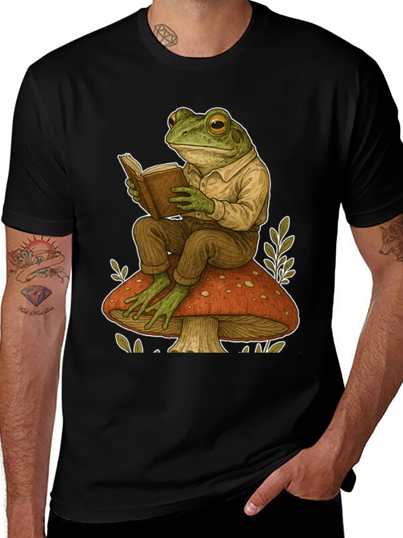 Frog Reading on Mushroom Graphic T-Shirt