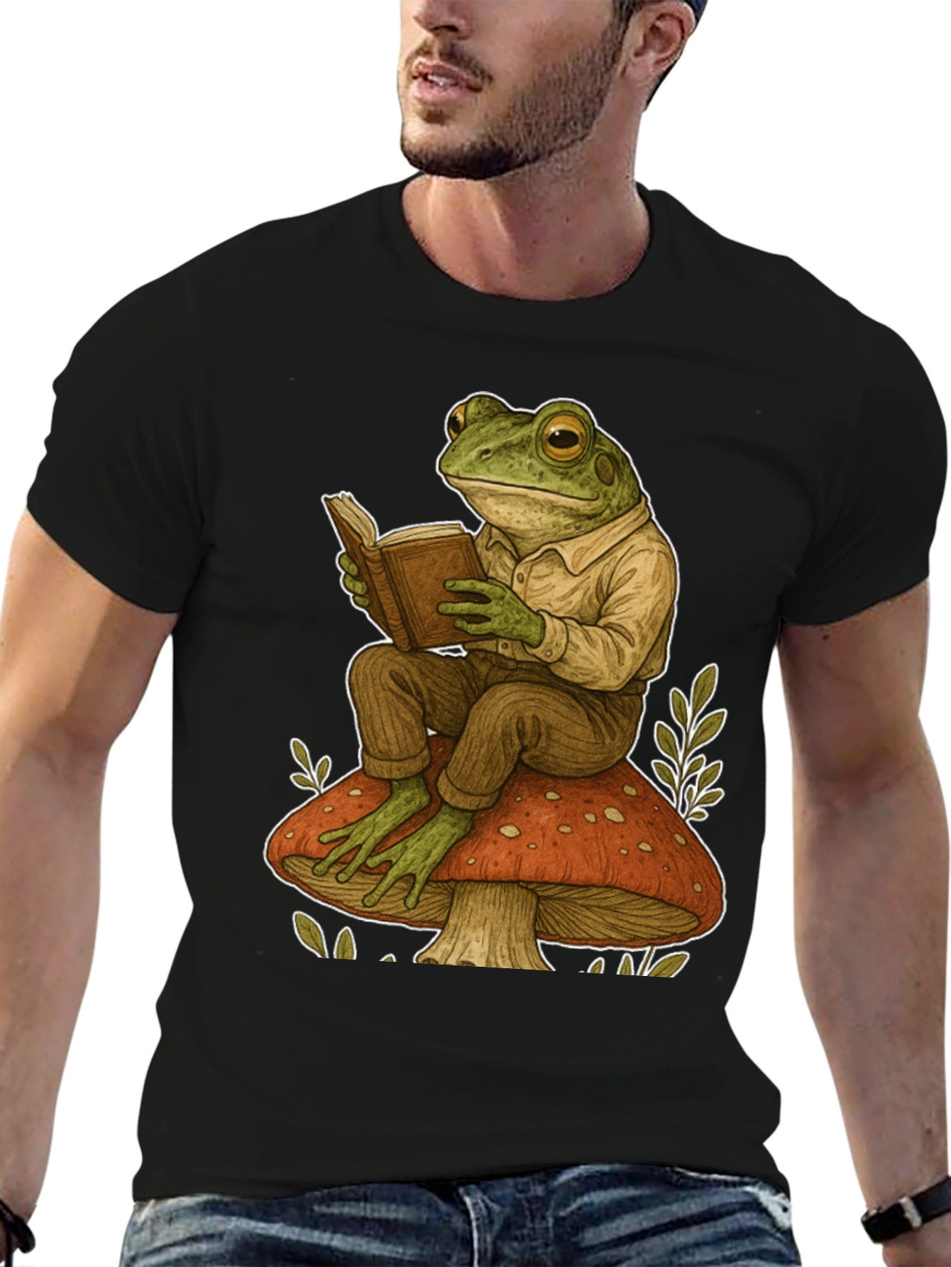 Frog Reading on Mushroom Graphic T-Shirt