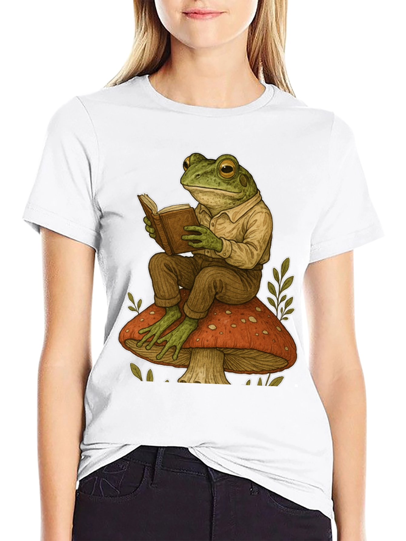 Frog Reading on Mushroom Graphic T-Shirt