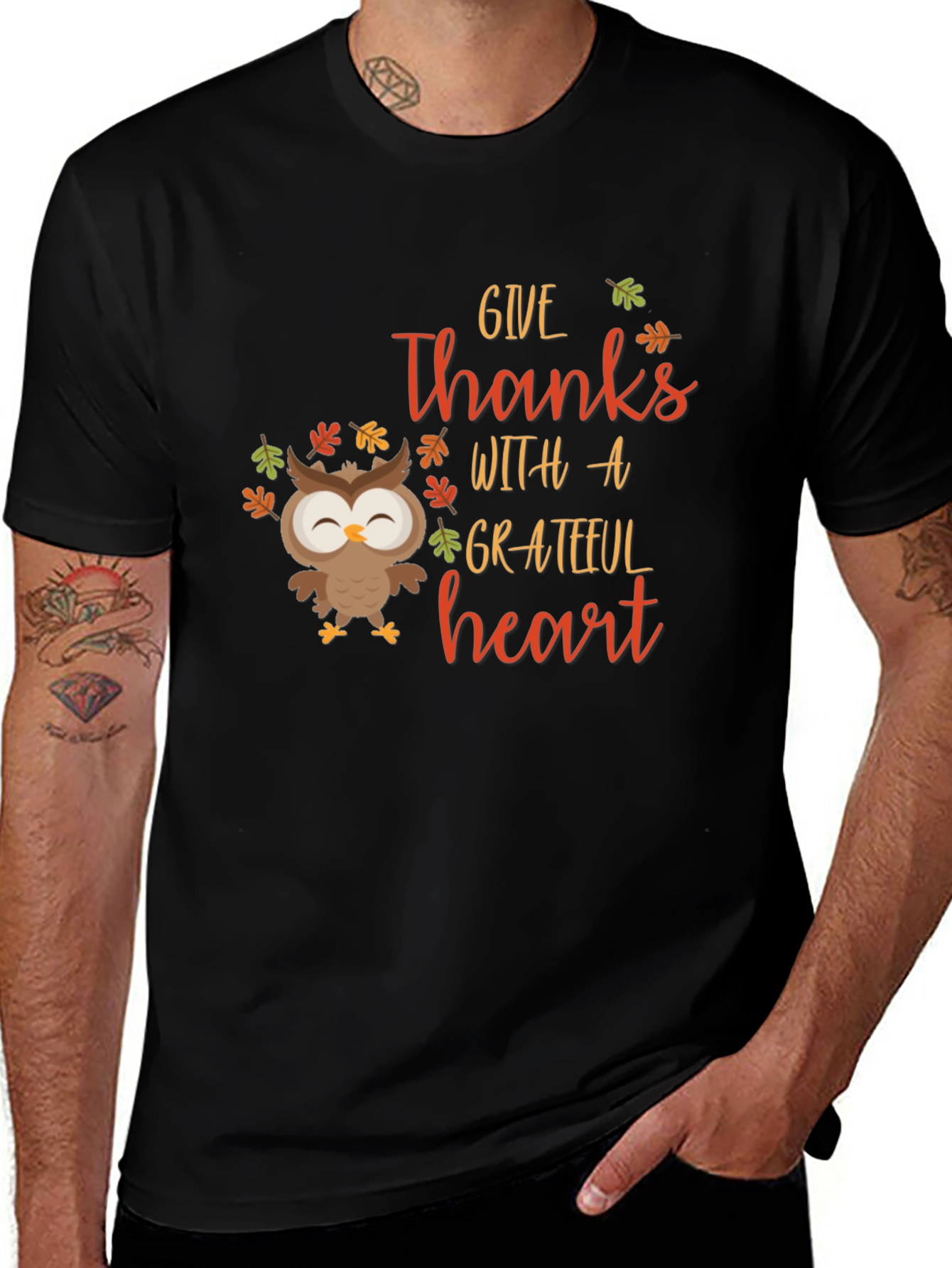 Give Thanks Owl Graphic Tee - Autumn Harvest Shirt