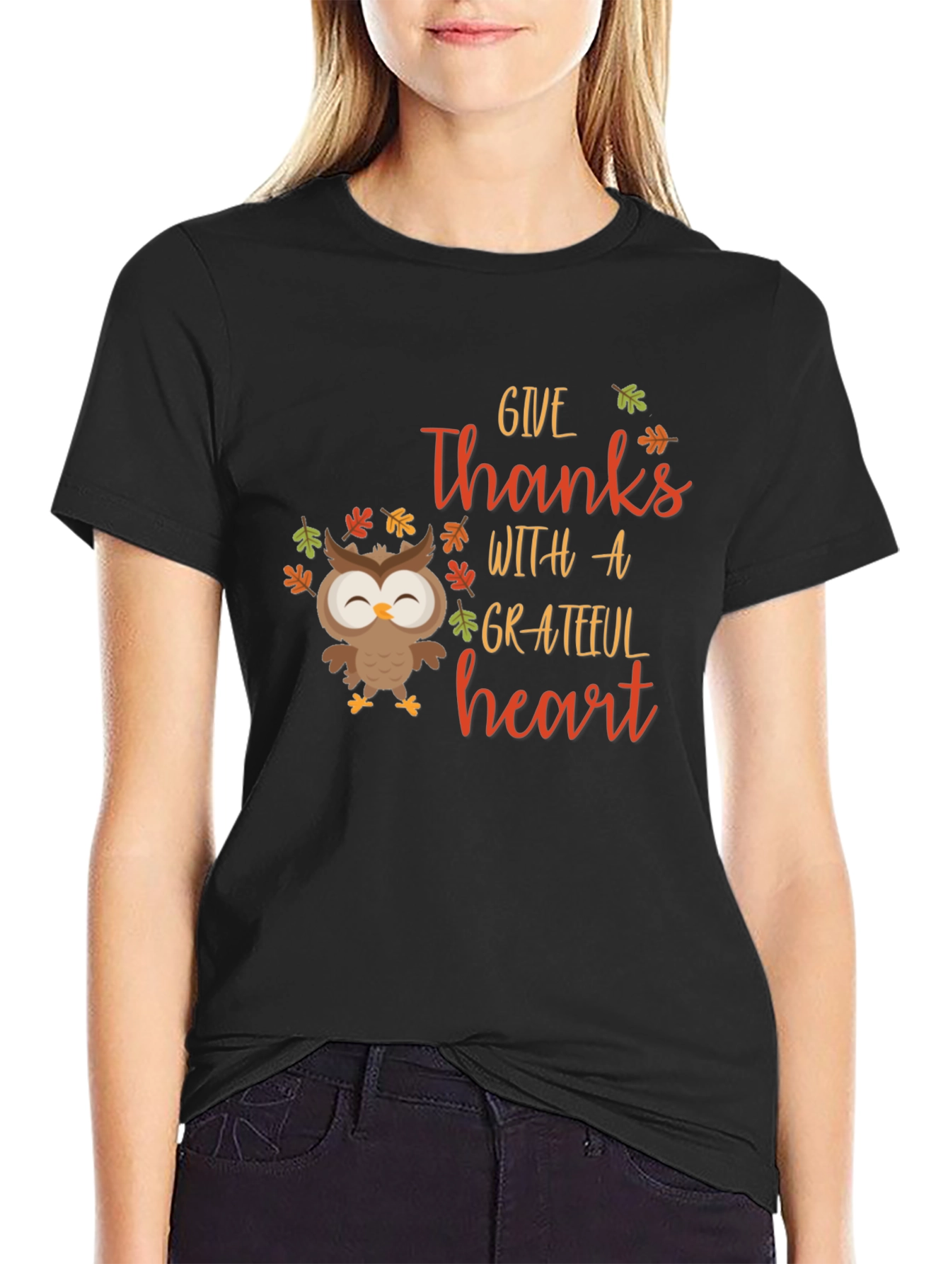 Give Thanks Owl Graphic Tee - Autumn Harvest Shirt